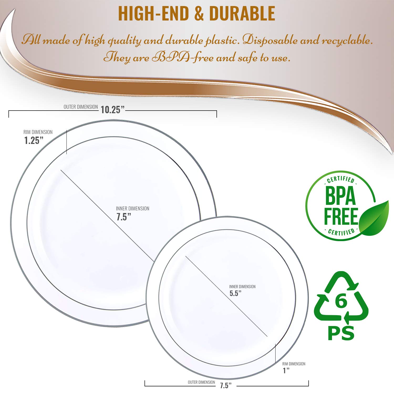 Premium 240-Pack Disposable Plastic Plates - 120 Heavy Duty White Silver-Rimmed Dinner Plates & 120 Elegant Dessert Plates for Wedding, Birthday Party, Catering & Events - Durable Party Tableware for Indoor/Outdoor Use