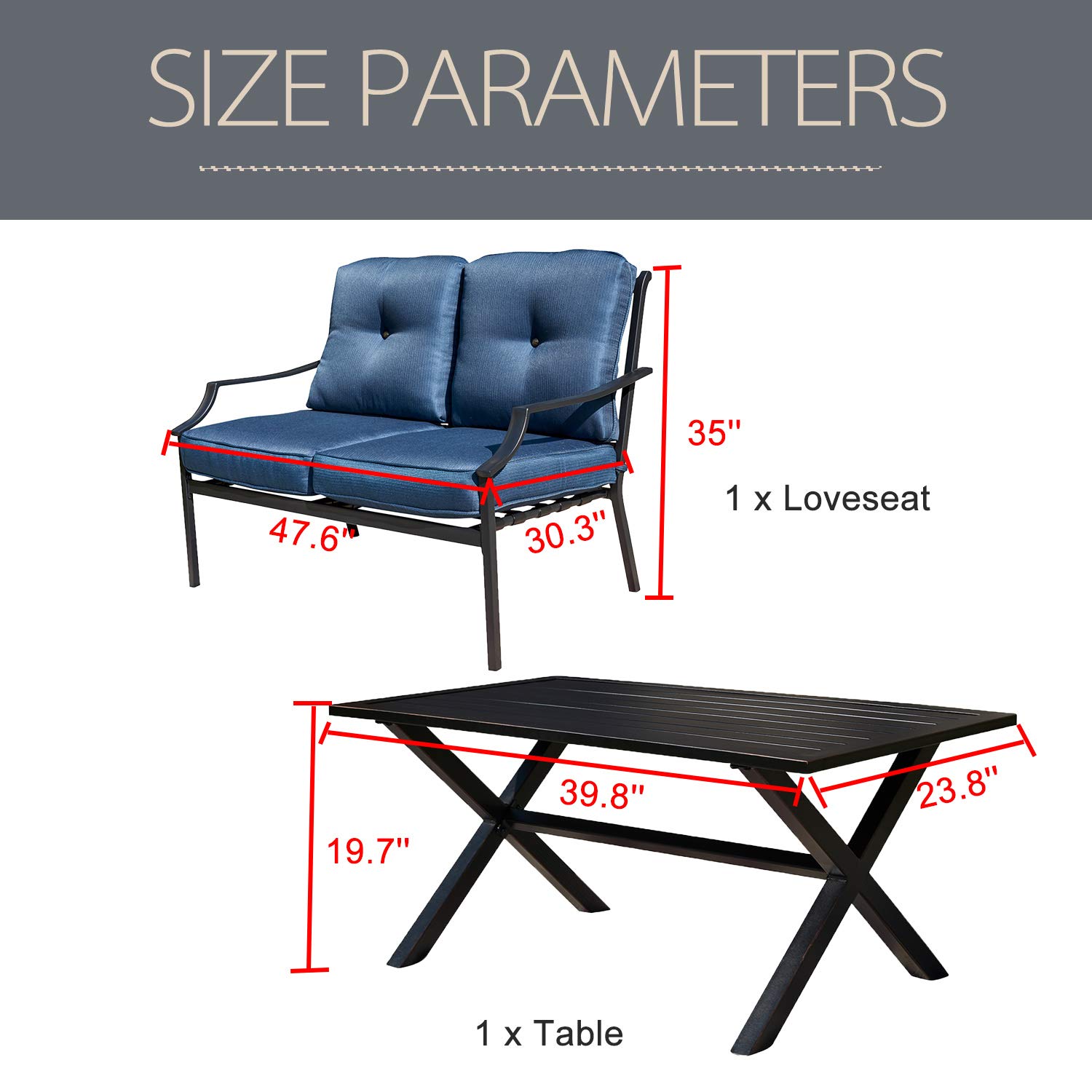 LOKATSE HOME 2-Piece Outdoor Patio Conversation Set - Metal Bench Sofa Loveseat with Cushions & Coffee Table in Blue - Perfect for Garden, Backyard, Poolside or Terrace Relaxation