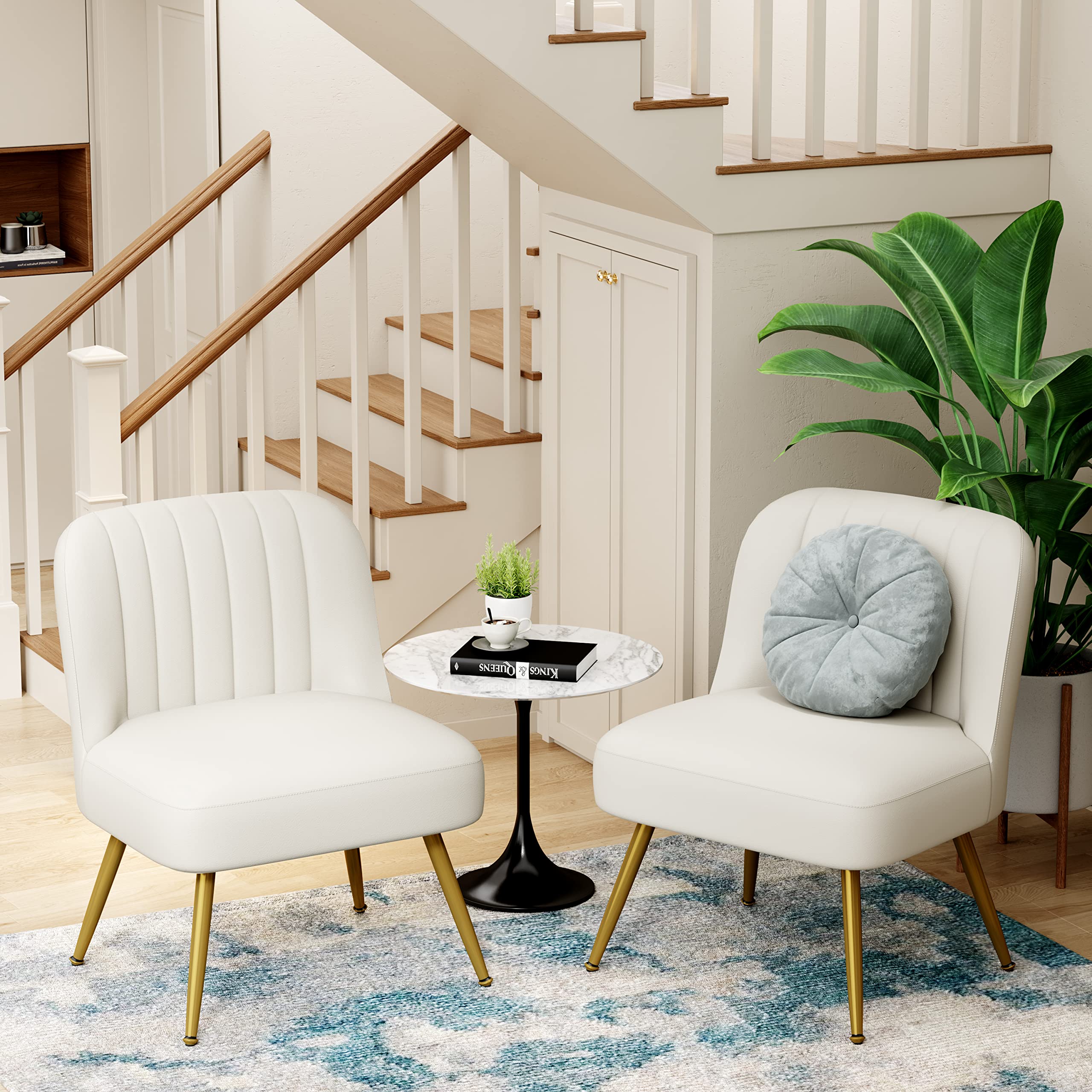 Andeworld 2-Piece Modern Accent Chair Set - Faux Suede Upholstered Armless Living Room Chairs with Golden Legs, Elegant Small Side Club Chairs for Bedroom, Living Room & Office - Beige
