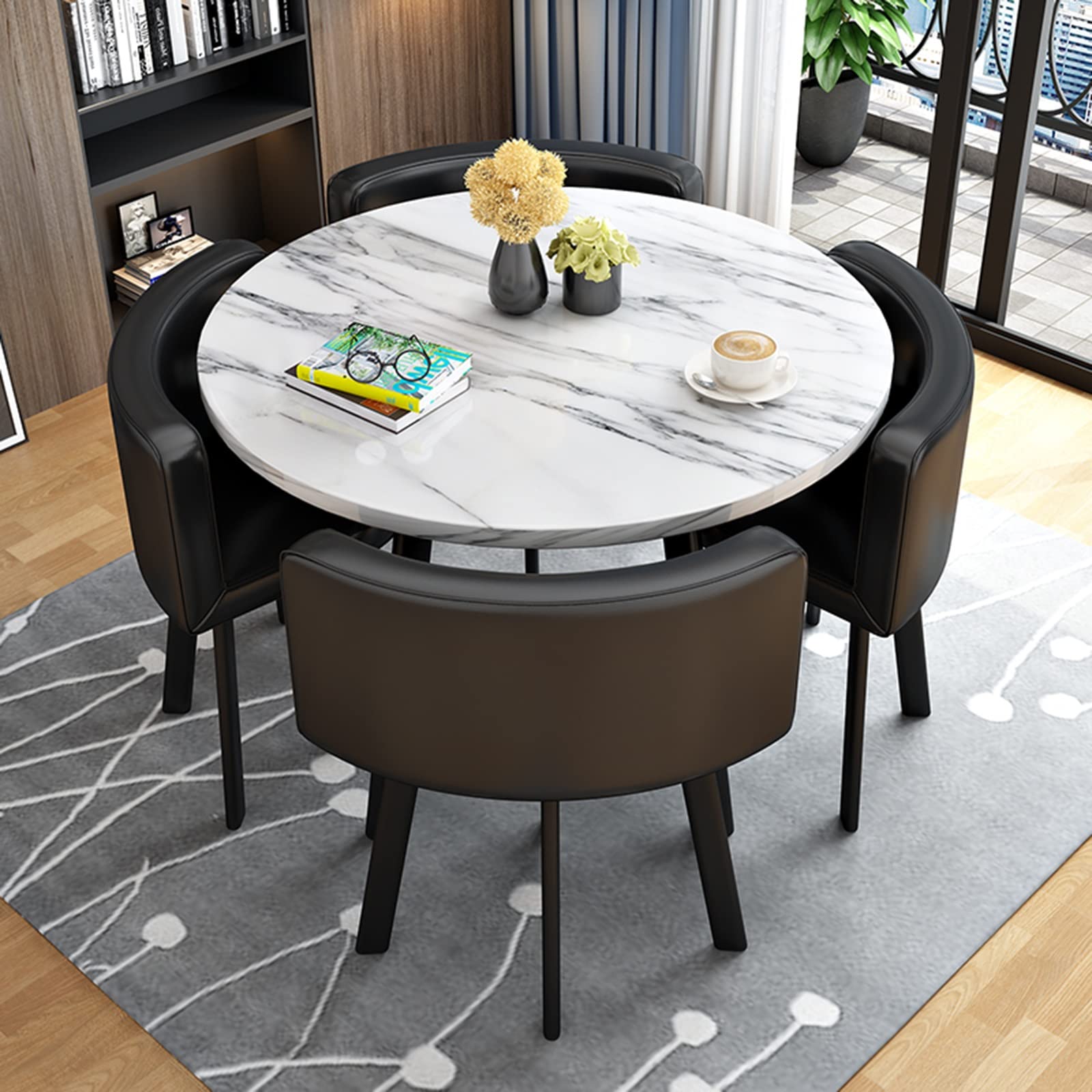 5-Piece Marble Round Conference Table with PU Backrest Chairs - Modern Office Reception & Lounge Furniture Set - Perfect for Small Meeting Rooms, Home Offices & Family Apartments