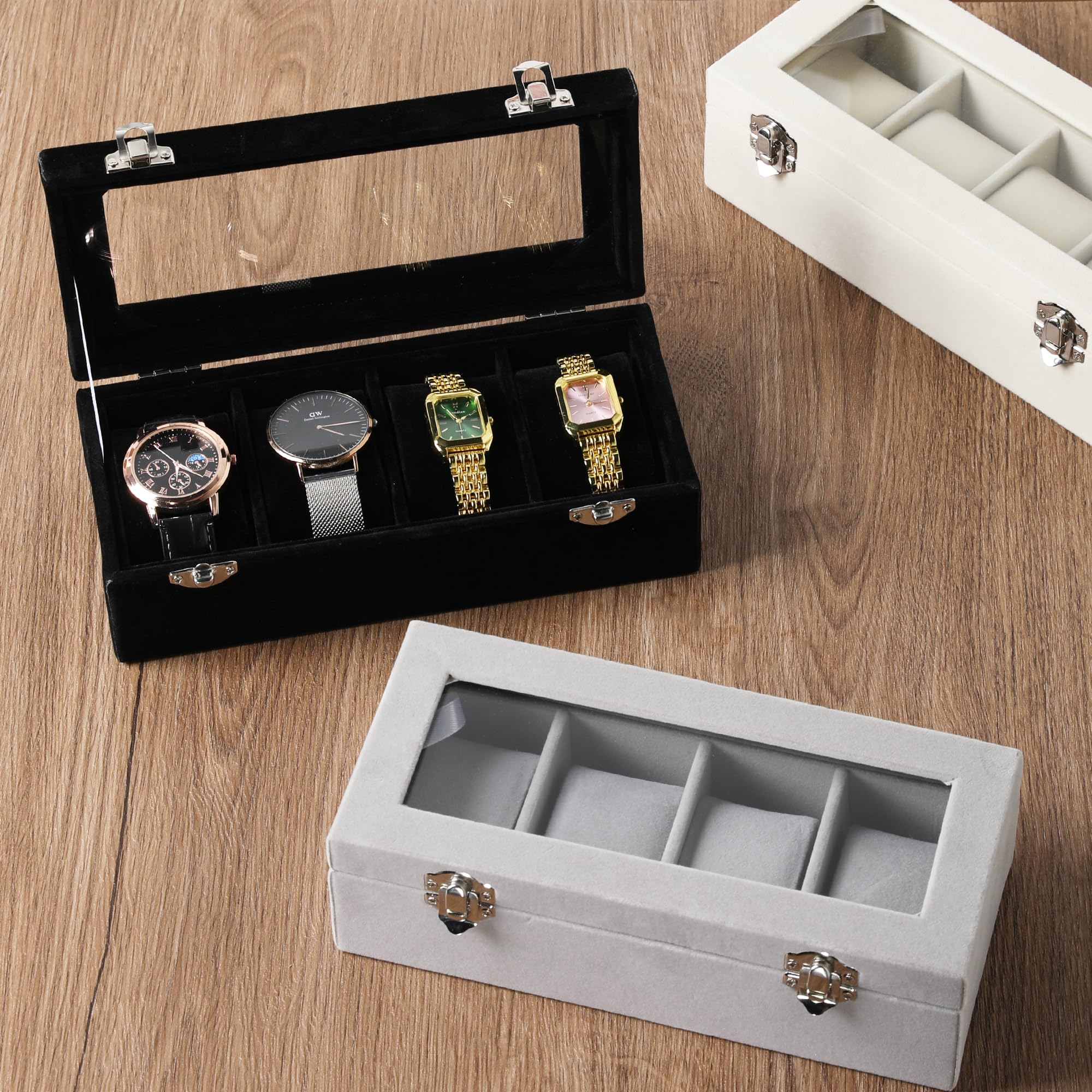 Frebeauty 4-Slot Velvet Watch Box with Glass Lid & Lock - Luxury Watch Organizer for Men & Women - Elegant Watch Display Case & Storage - Perfect Gift for Watch Collectors (Beige) - Ideal for Home, Office & Travel Use