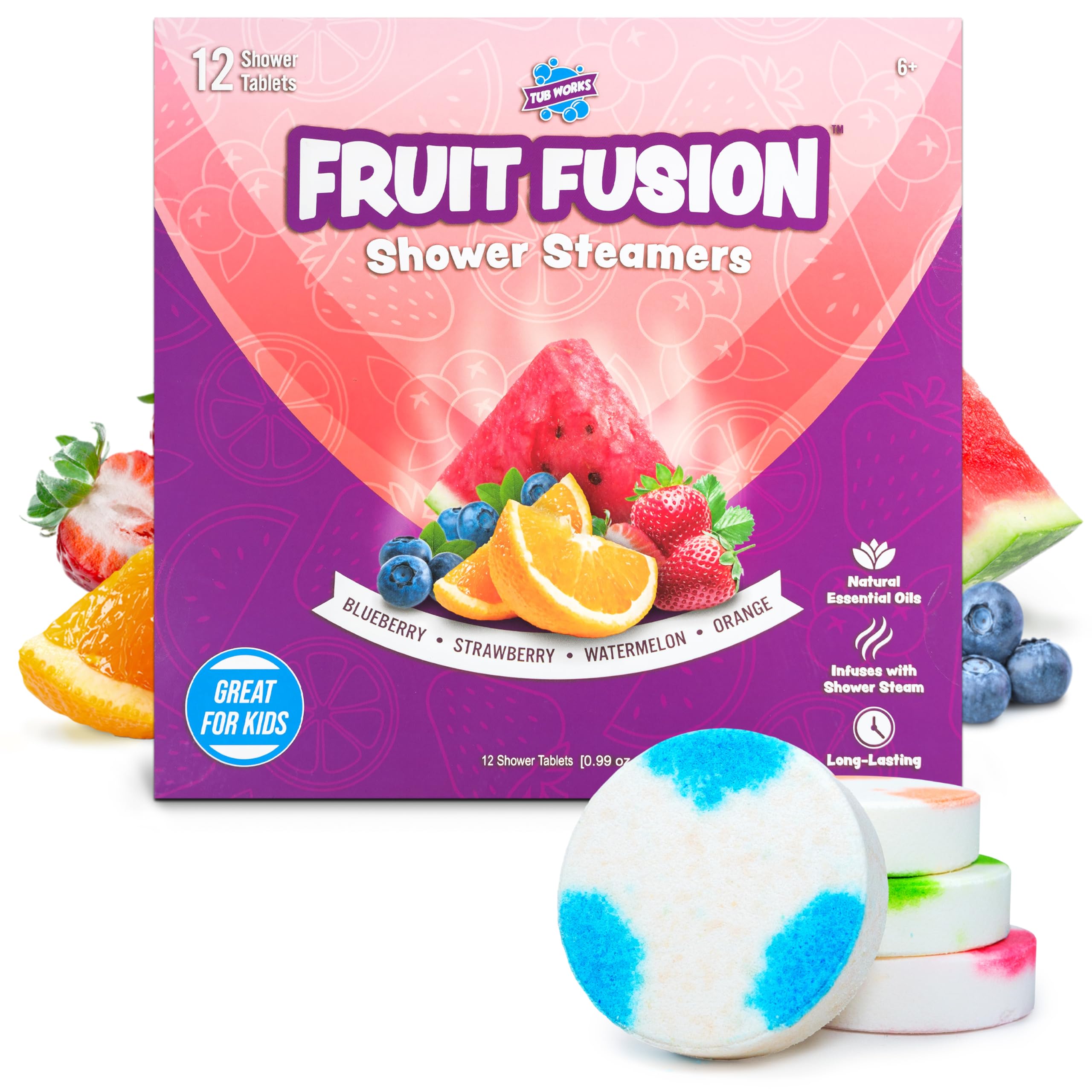 Tub Works® Fruit Fusion™ Kids Shower Steamers - 12 Pack Variety | Fresh & Fruity Aromatherapy Shower Bombs | Sensory Bath Alternative for Children | Perfect for Relaxing Bath Time, Birthday Gifts & Spa Day Fun