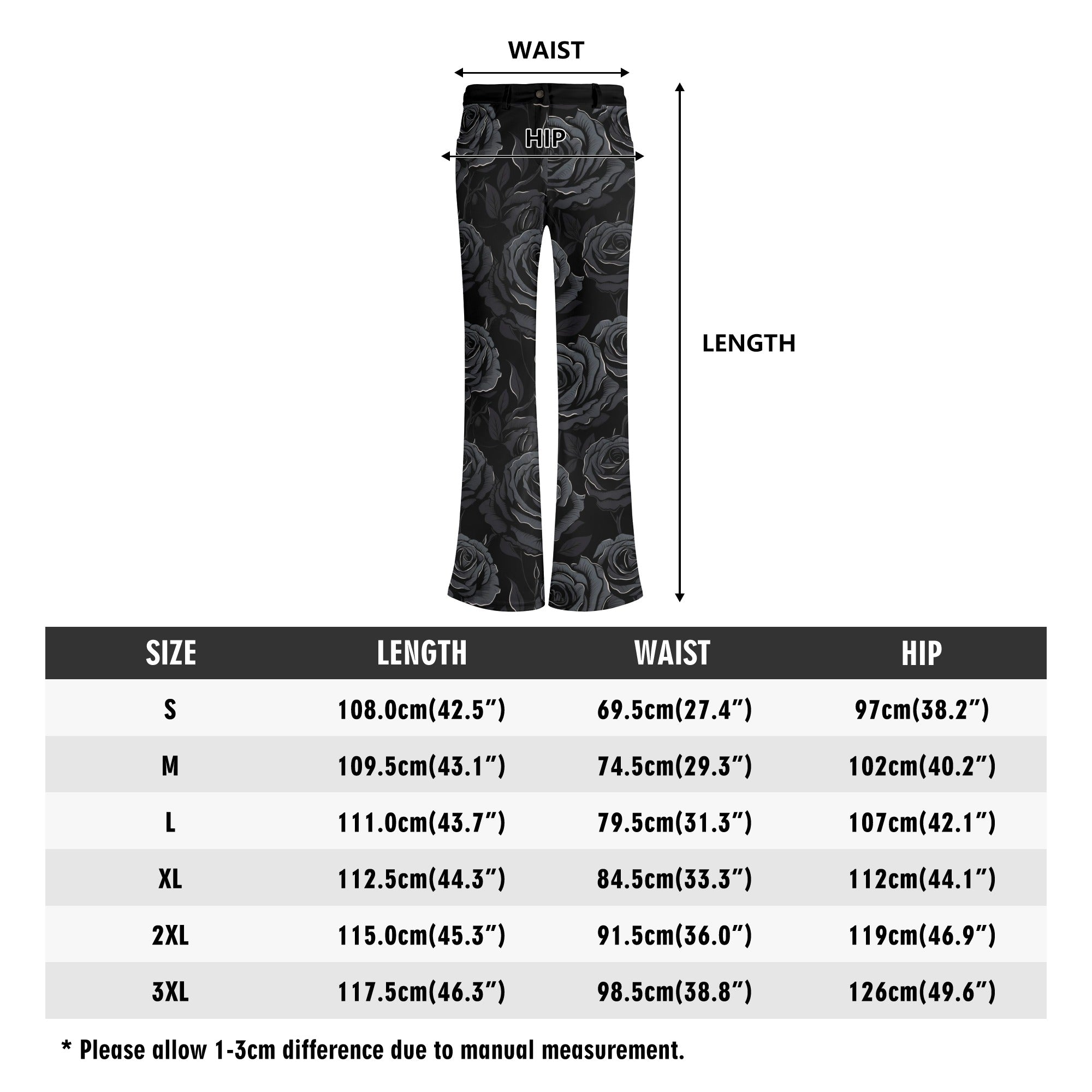 Gothic Rose Print Flare Pants for Women - Vintage Boho High Waisted Bell Bottom Trousers - Perfect for Halloween, Cosplay, and Retro Fashion Outfits