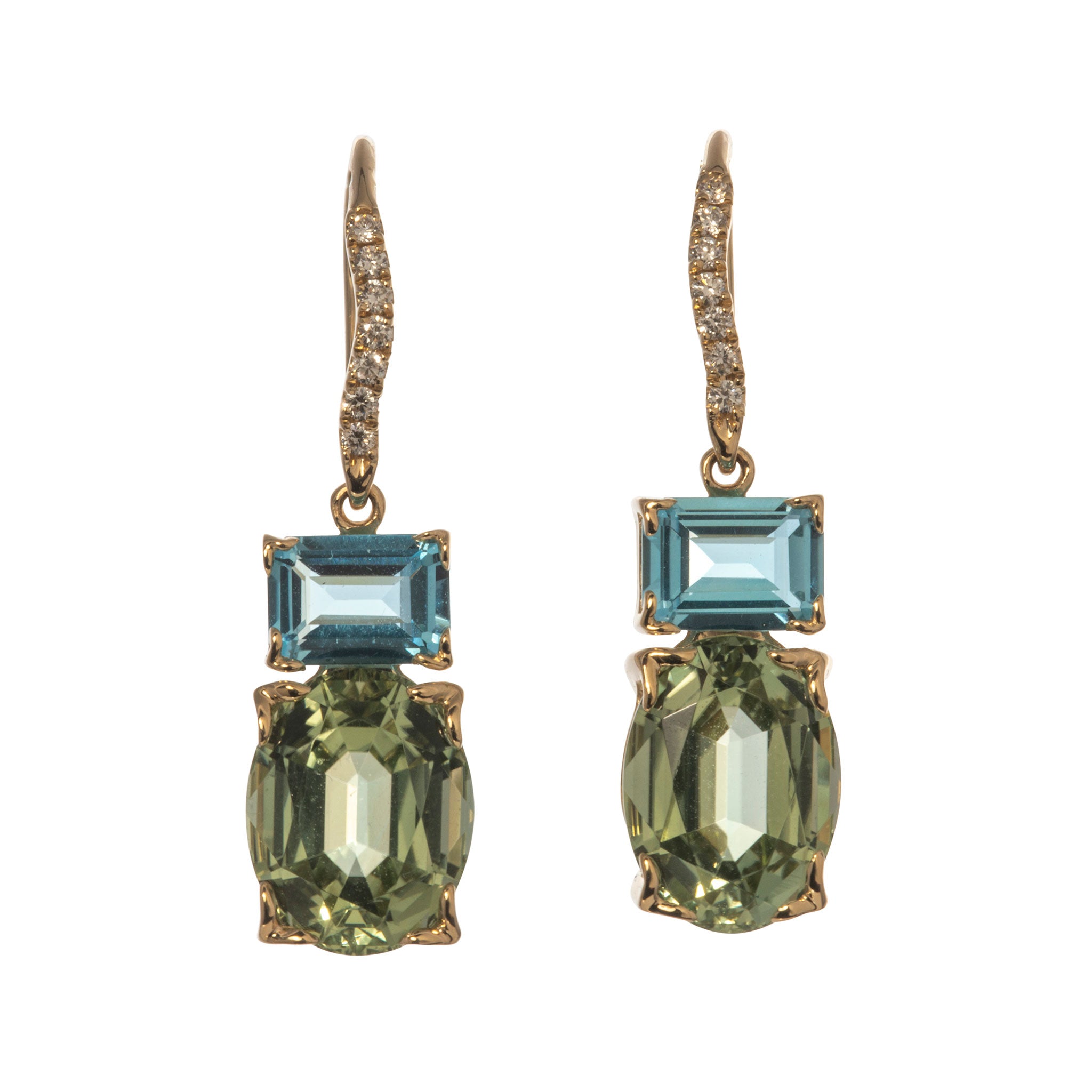 14K Gold Green Tourmaline & Blue Topaz Dangle Earrings - Elegant River Design for Women, Perfect for Weddings, Parties & Special Occasions