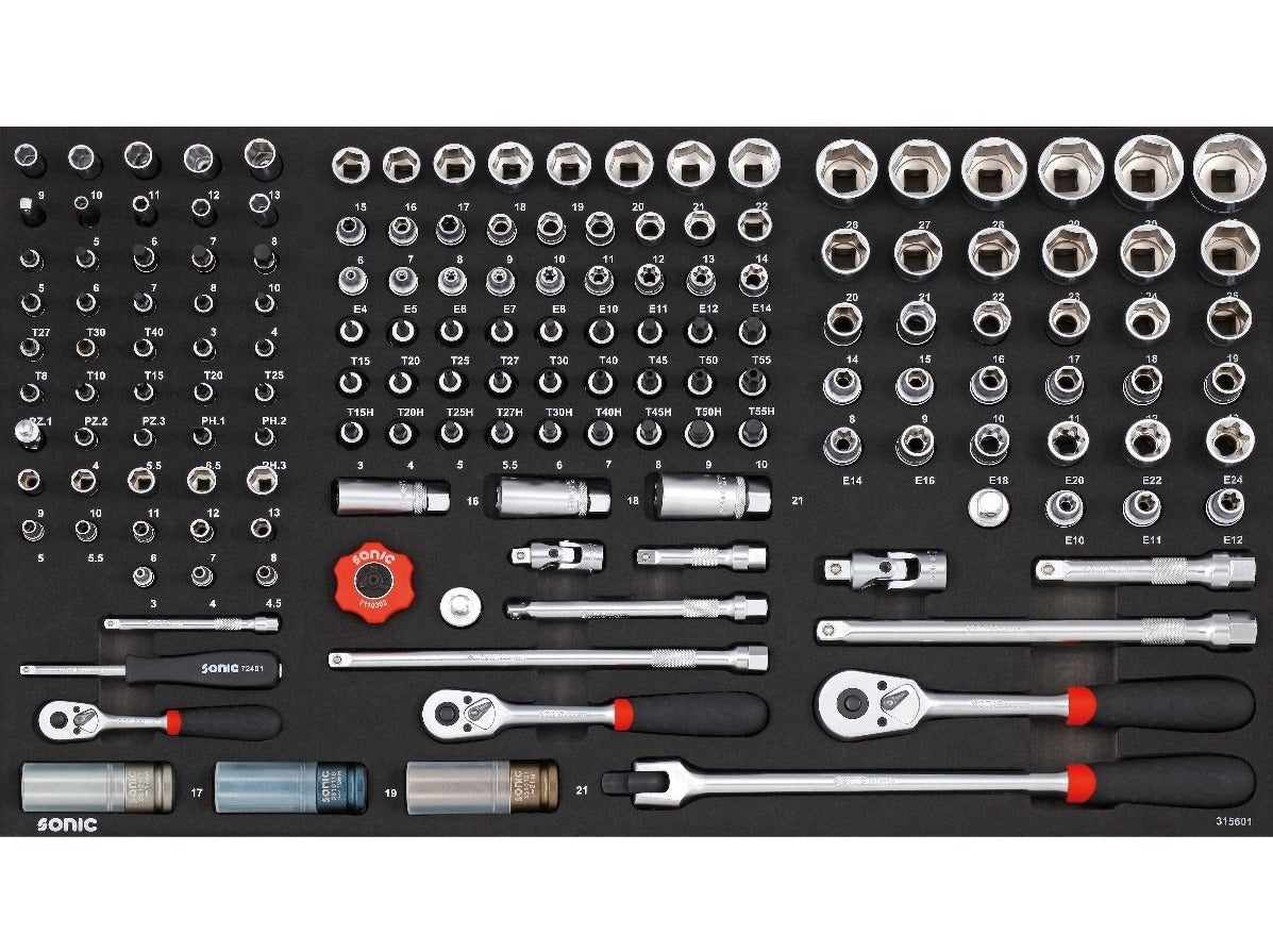 Sonic Foam System Combo Set - 1/4, 3/8, 1/2 Inch Drive 156-Piece Socket Wrench Set with 34 Large Sockets - Perfect for Automotive Repair, DIY Projects & Home Maintenance