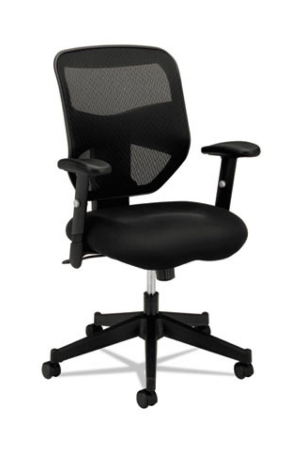 HON Prominent Mesh High Back Ergonomic Office Chair with Adjustable Arms & Center Tilt - Black Leather/Fabric Seat for Home & Business Workspaces