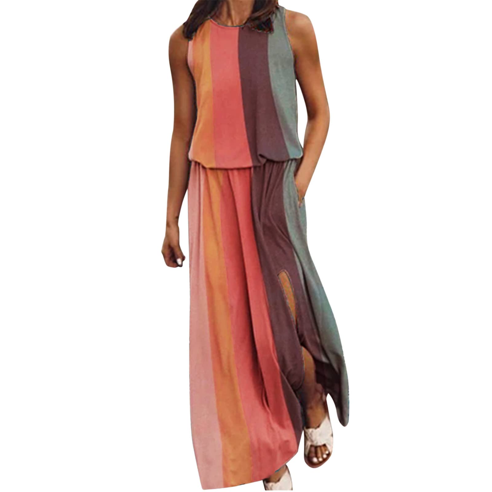 Elegant Women's Maxi Dress Summer 2022 - Sleeveless O-Neck Boho Beach Sundress with Side Split & Pocket (Orange, XL) | Perfect for Casual Wear, Vacation, Beach Outings & Summer Parties