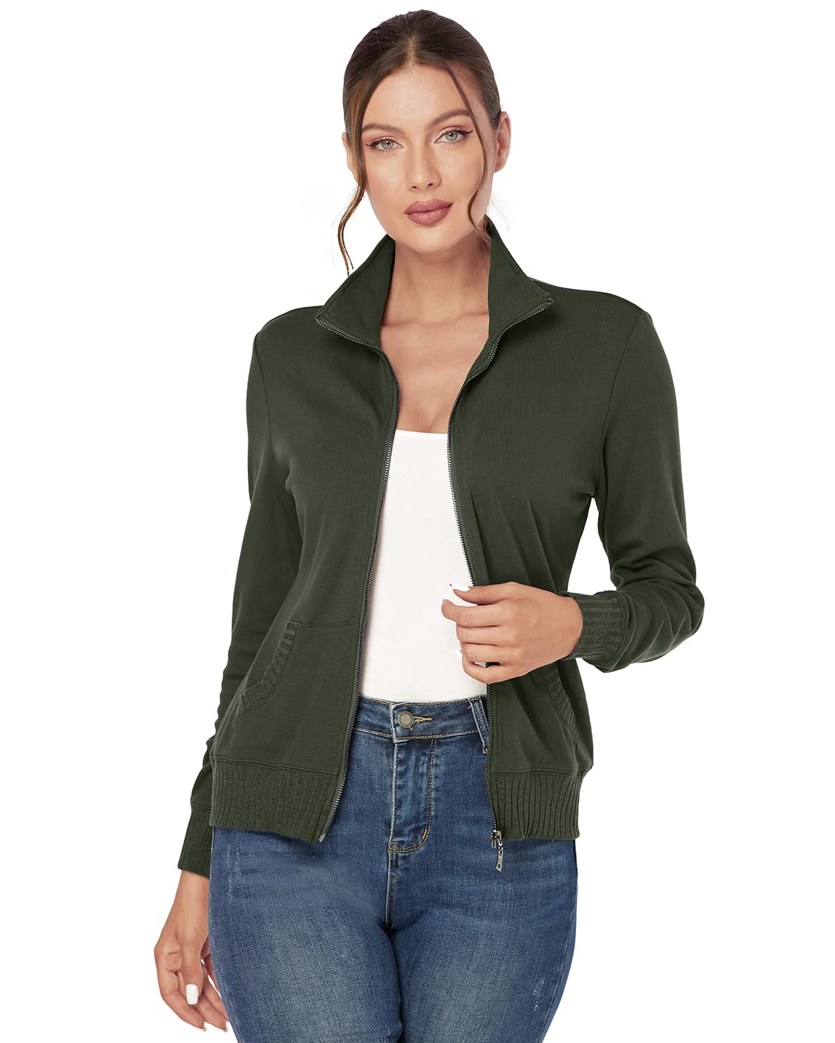 J.Corrine Women's Zip Up Hooded Sweatshirt Jacket - Stand Collar Long Sleeve Athletic Running Track Jacket with Pockets - Navy Blue - Perfect for Gym, Jogging & Casual Wear