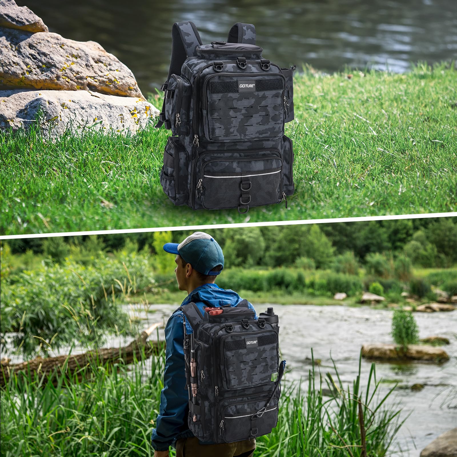 Goture Camo Fishing Backpack with 4x3600 Tackle Boxes, Waterproof Rain Cover & 8 Lure Bags - 45L Adjustable Compartment Tackle Bag for Bass Fishing, Kayak Fishing & Outdoor Adventures - Perfect Fishing Gifts for Men