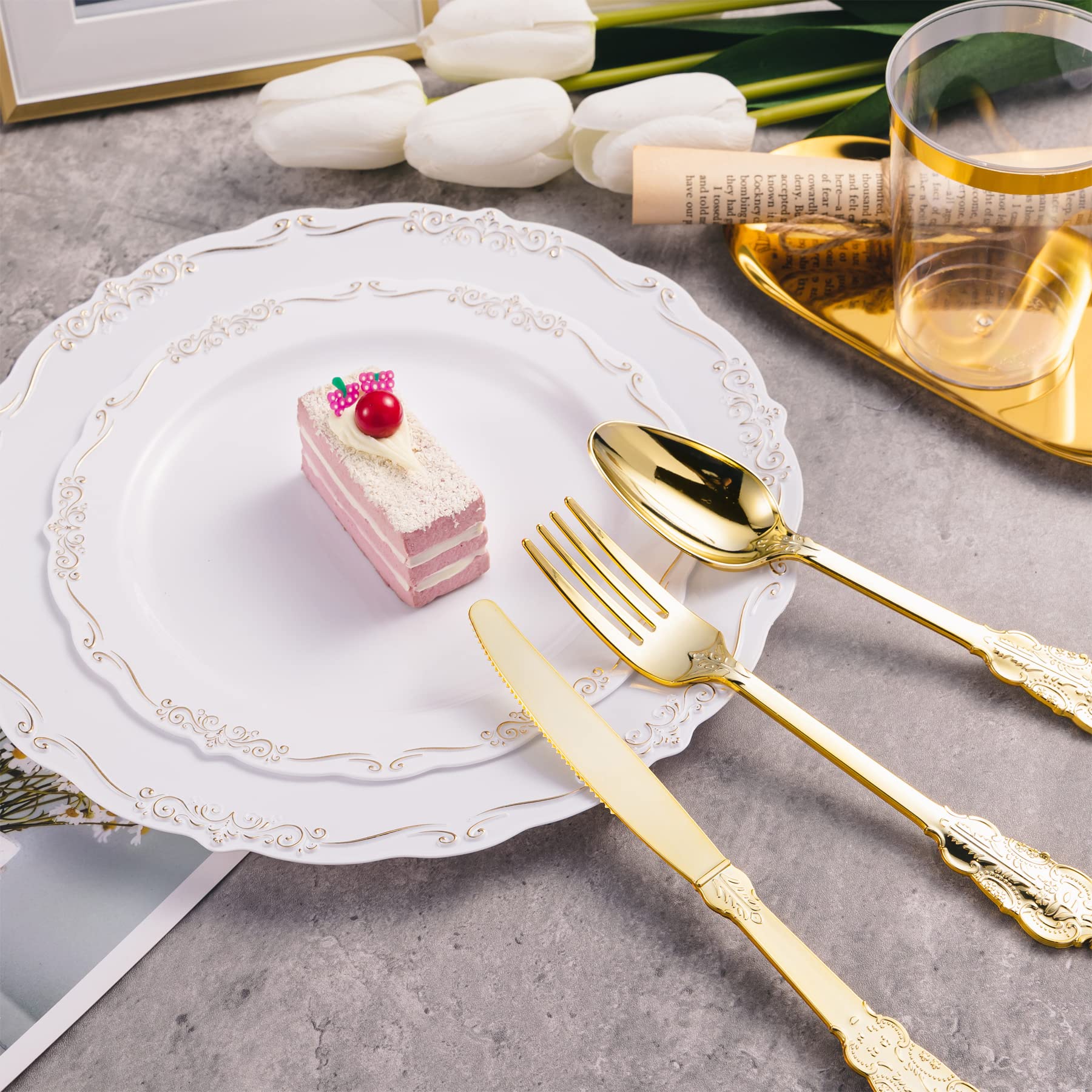 175-Piece Gold Plastic Dinnerware Set for 25 Guests - Includes 25 Dinner Plates, Dessert Plates, Paper Napkins, Cups & Gold Silverware Sets | Elegant Party & Wedding Tableware for Banquets, Bridal Showers & Special Events