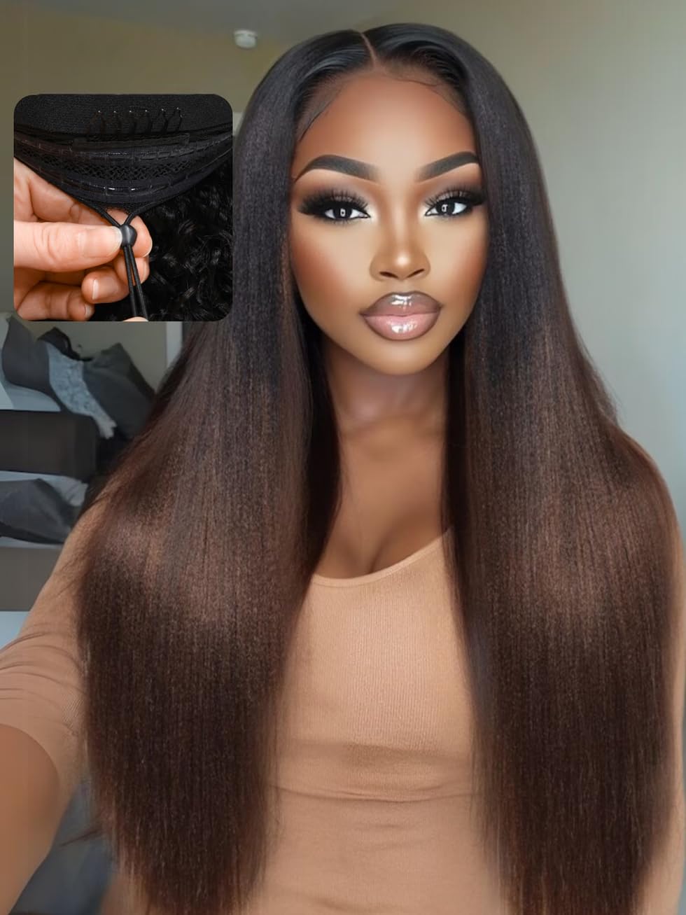 UNICE EasiContour Yaki Straight V Part Human Hair Wigs - 16 Inch 180% Density Glueless Clip-in with Drawstring, Black to Chestnut Brown Ombre | Perfect for Daily Wear, Cosplay & Special Occasions