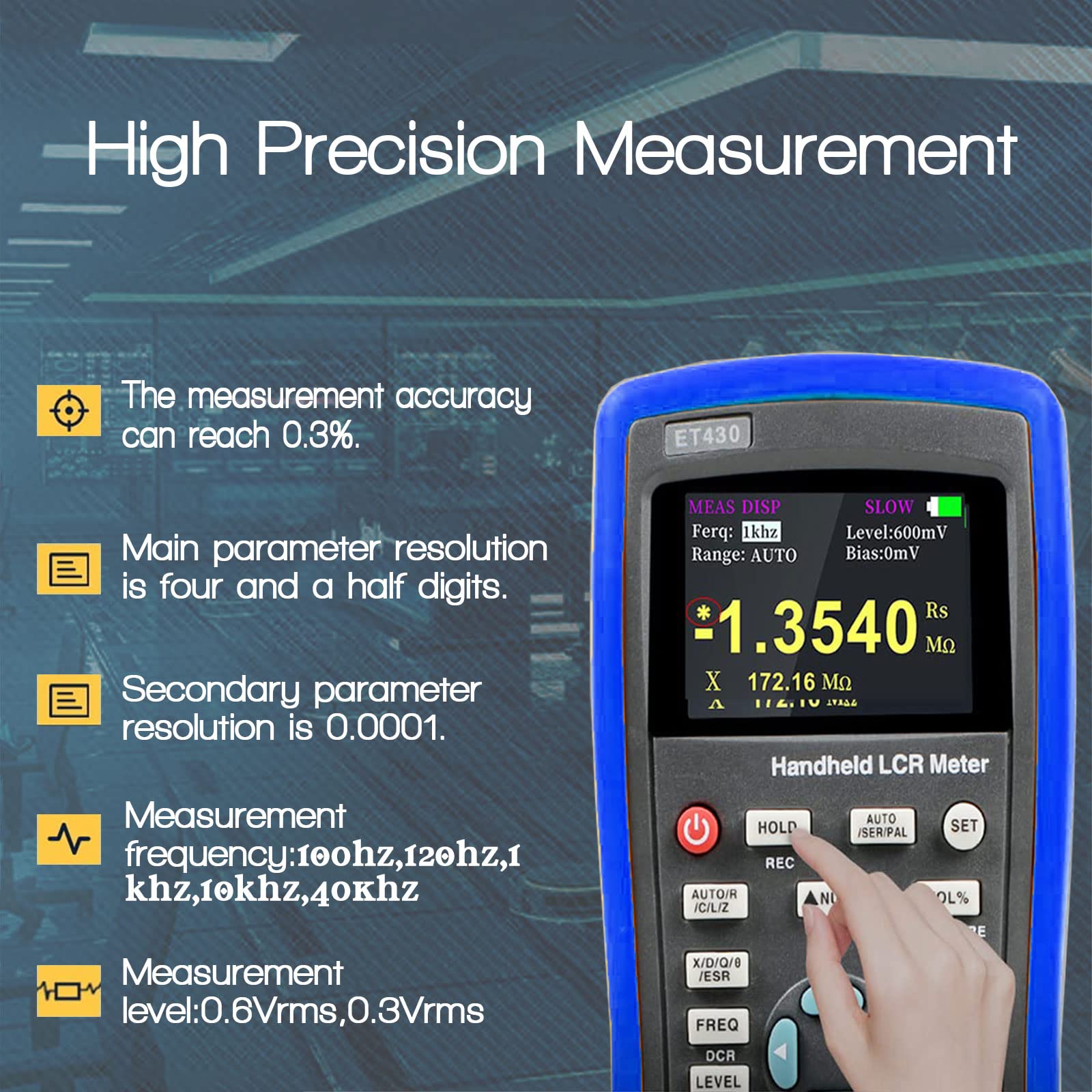 High Accuracy 0.3% LCR Meter - Handheld Digital Bridge with TFT Display, Capacitance & Inductance Tester, Portable Multifunction Multimeter with Rechargeable Battery for Resistance & Transistor Testing (ET430) - Perfect for Electronics Repair, Lab Testing & Component Analysis