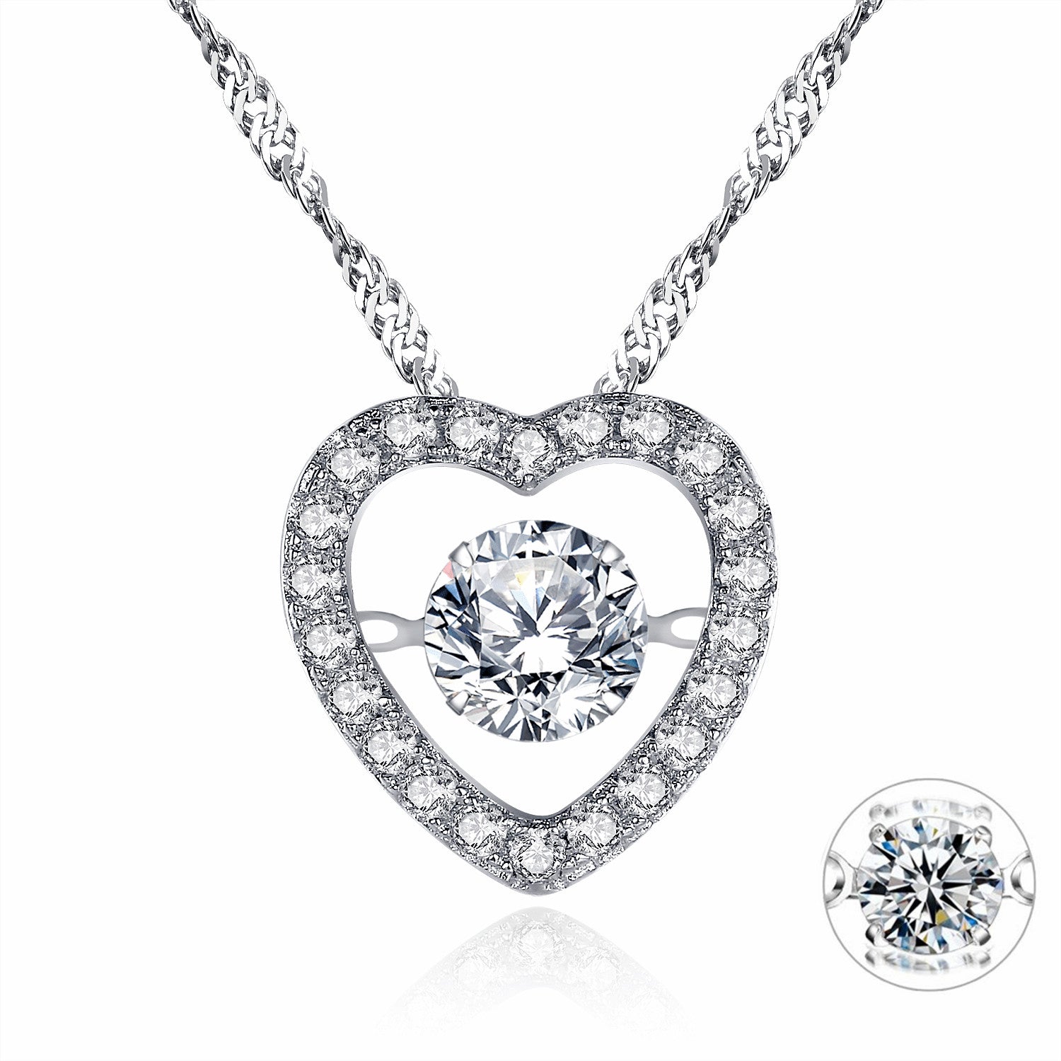 MABELLA Sterling Silver 0.5ct Round Cubic Zirconia Heart Dancing Pendant Necklace 18