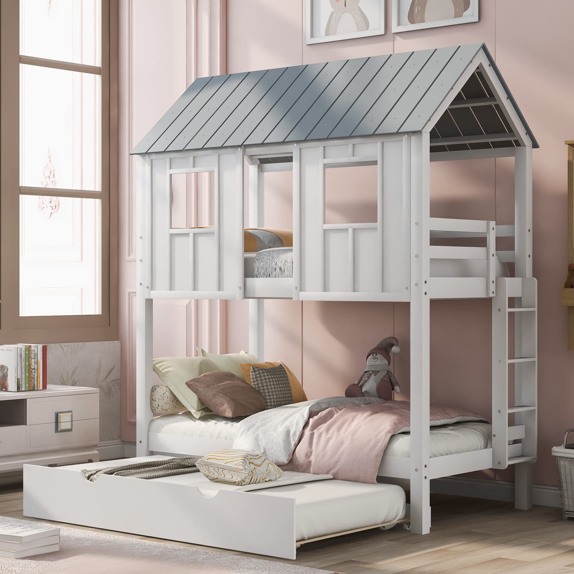 P PURLOVE Twin Over Twin Wooden Bunk Bed Frame with Roof, Window & Guardrail - House Style Bunk Bed with Trundle & Ladder for Kids, Teens, Boys & Girls - Perfect for Small Bedrooms, Shared Kids Rooms & Vacation Homes (White)