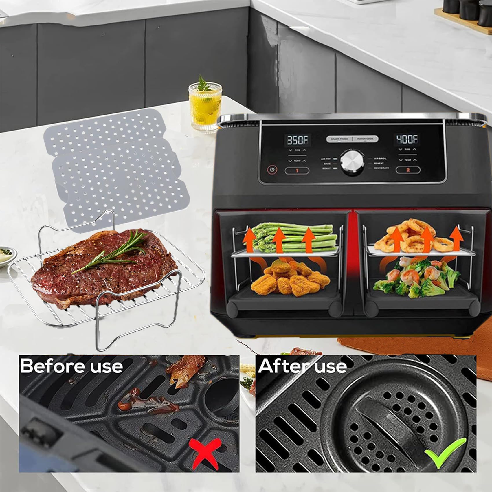 Dual Zone Air Fryer Accessories Set - 2 Racks & 2 Reusable Silicone Liners for Ninja Foodi DZ201/DZ401 - 4-Piece Double Basket Kit for Healthier Cooking | Perfect for Roasting, Baking & Frying Chicken Wings, Fries & Vegetables