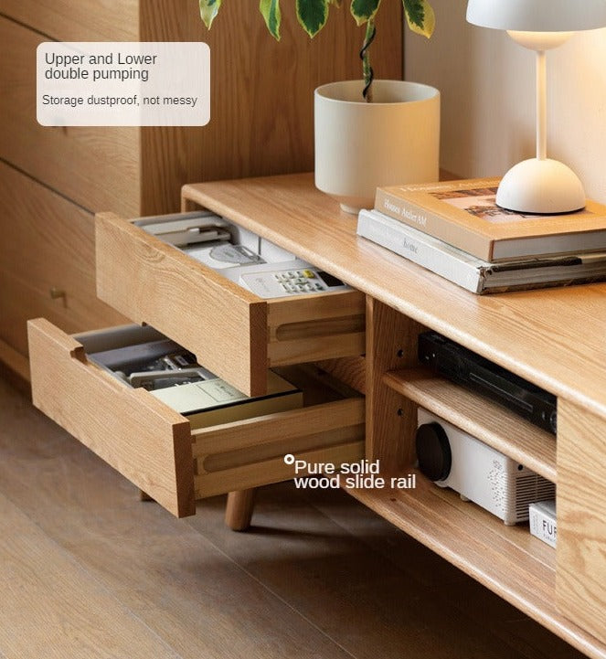 Solid Oak Wood TV Stand with Sliding Doors - Rustic Modern Entertainment Center for Living Room, Bedroom & Home Theater