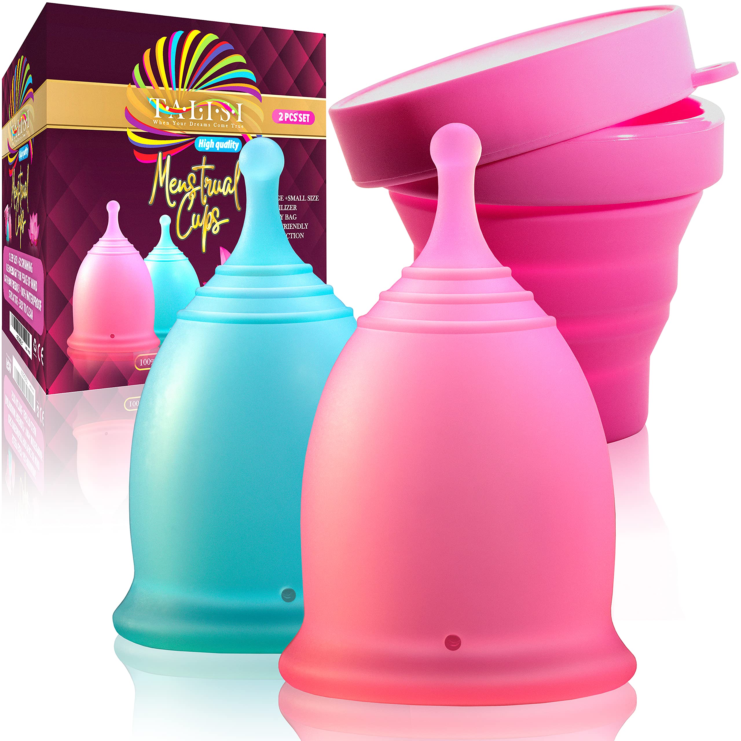 **Talisi Reusable Menstrual Cups Set of 2 - Soft Silicone Foldable Period Cup for Women | Tampon & Pad Alternative | Heavy & Regular Flow | Includes Sterilizing Cup | Ideal for Travel, Gym & Active Lifestyle**
