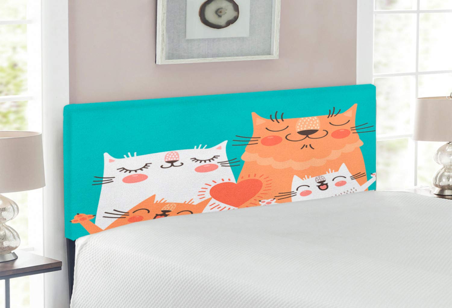 Ambesonne Funny Cat Headboard - Upholstered Decorative Metal Bed Frame with Memory Foam, Full Size, Multicolor Kitten Couple Design for Cozy Bedroom Decor | Perfect for Pet Lovers' Master Bedroom or Kids' Room