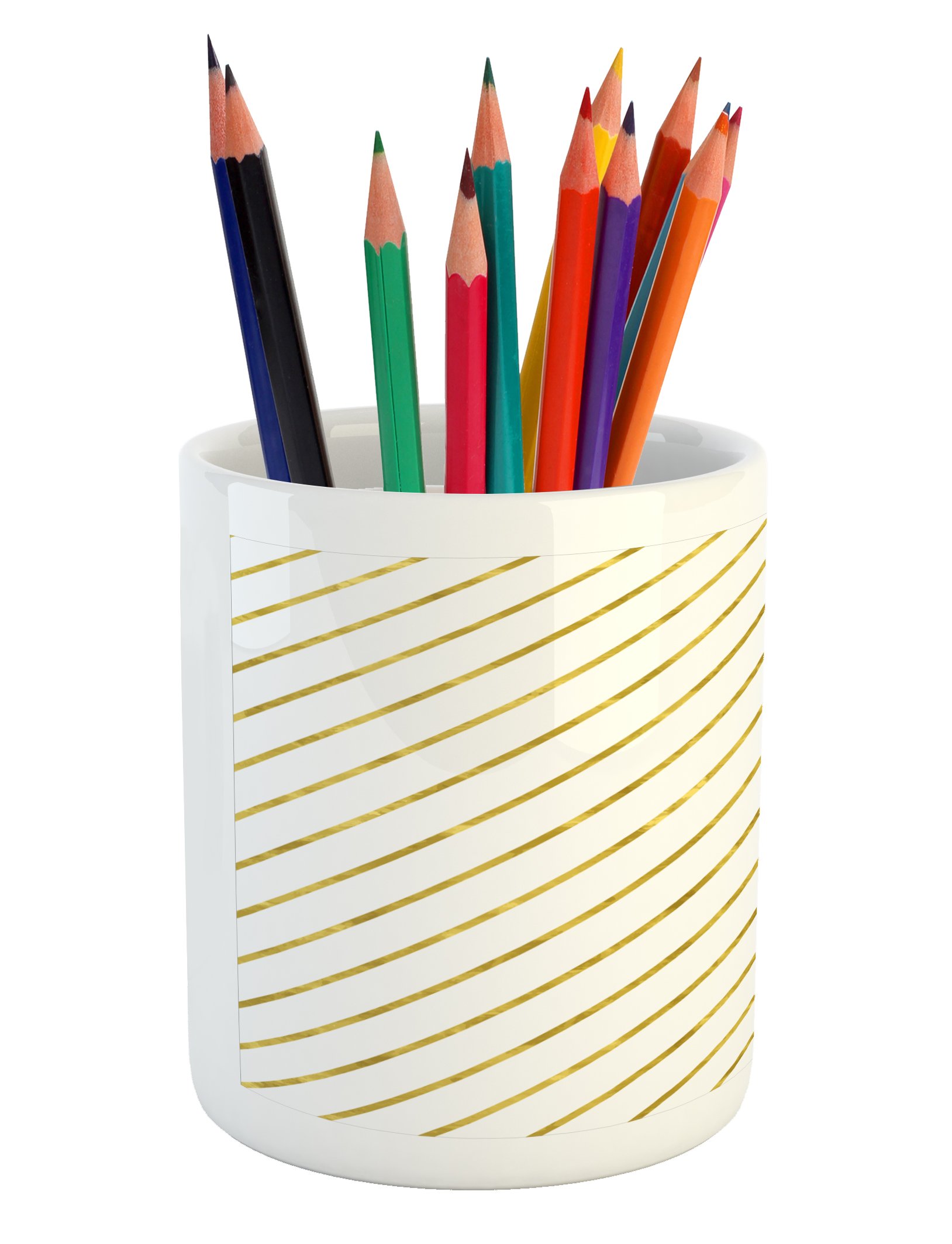 Ambesonne Striped Ceramic Pen Holder - Modern Abstract Diagonal Lines Design for Office Desk Organizer, White & Yellow - Perfect for Home Office, School, and Workspace Organization