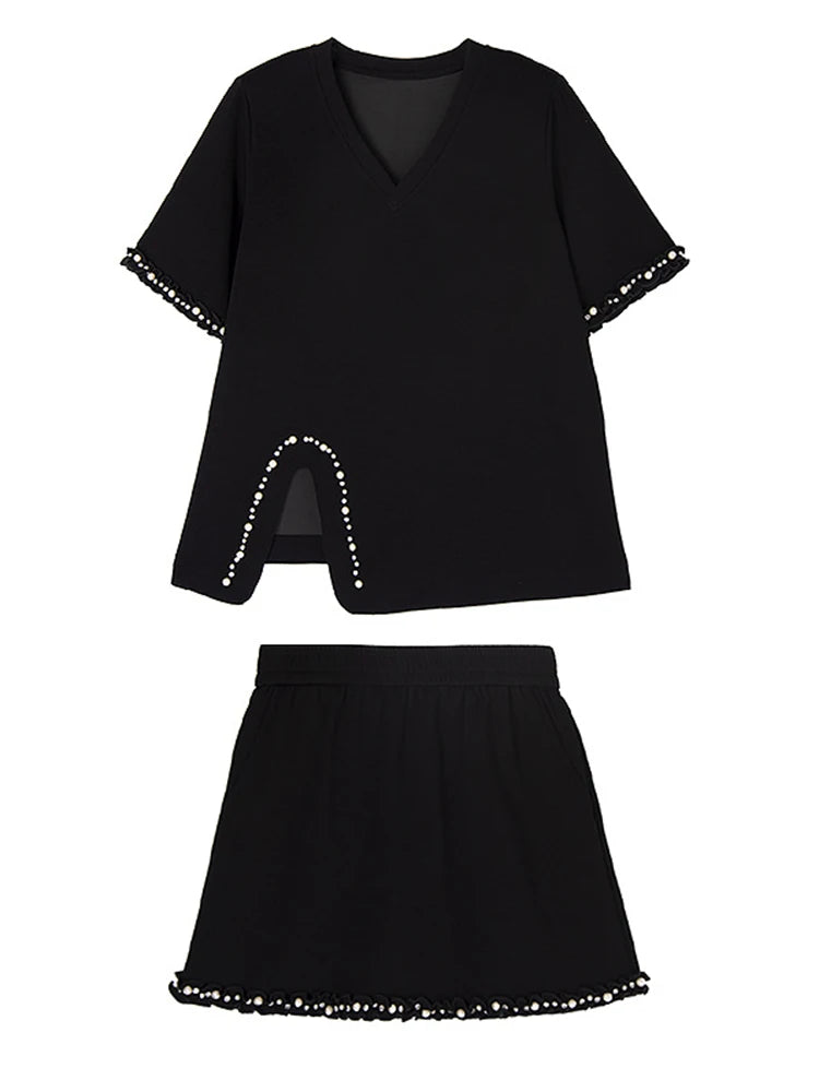 Black Pearl Print T-Shirt & Mini Skirt 2-Piece Set - Round Neck Short Sleeve Women's Fashion Outfit for Spring Summer 2025 | Casual Wear, Street Style, Party Outfit