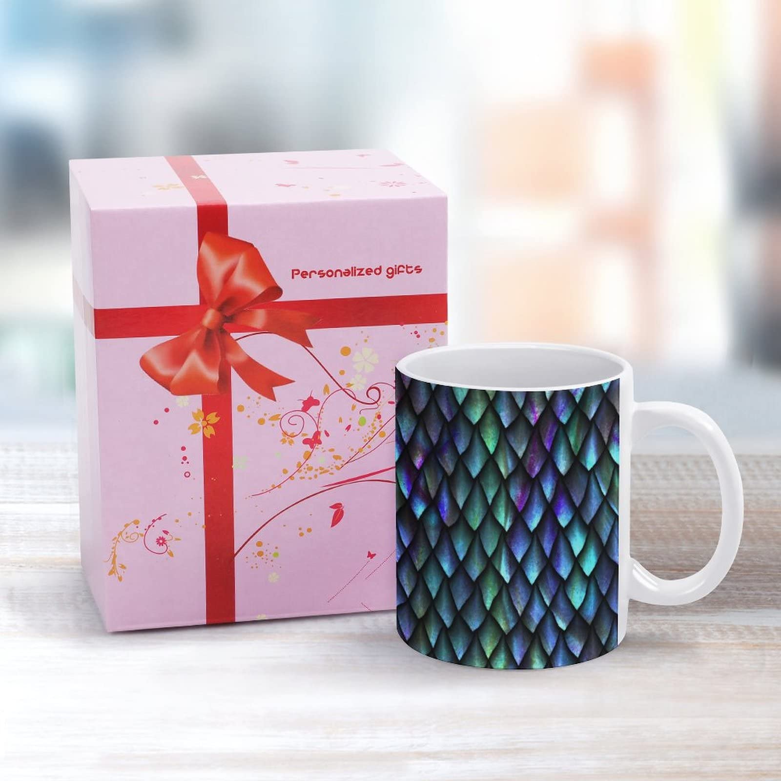Turquoise Blue Green Dragon Scale Glitter Ceramic Mug - 11 Oz White Reptile Skin Design for Tea, Coffee, Milk, Juice - Perfect for Home, Office, Cafe & Gifts (Mom, Dad, Daughter, Son) - Unique Party & Holiday Present