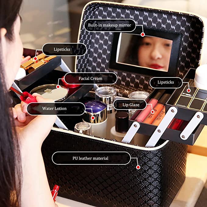 xixi-home Large Waterproof Makeup Bag for Women Travel - Portable Pu Leather Cosmetic Organizer with Mirror & Multilayer Clapboard - Rose Vanity Case for Toiletries, Cosmetics | Perfect for Travel, Gym & Daily Use