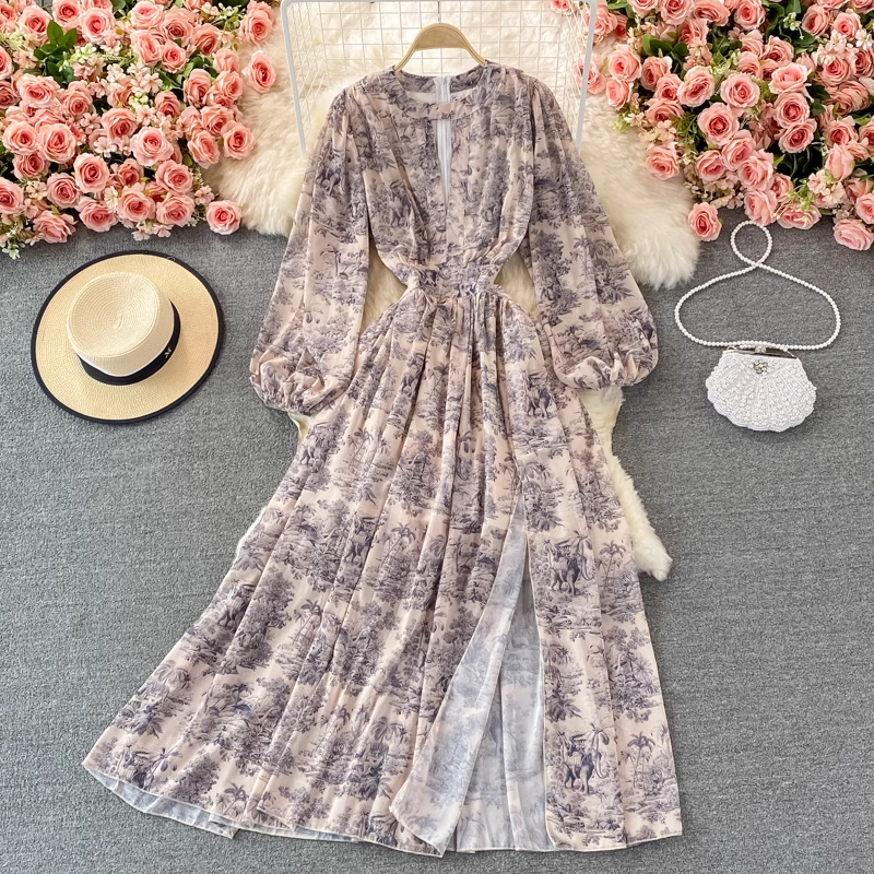 Vintage French Printed Chiffon Long Dress with Round Neck & Side Slit - Elegant Flowy Maxi Dress for Women | Perfect for Weddings, Parties & Special Occasions