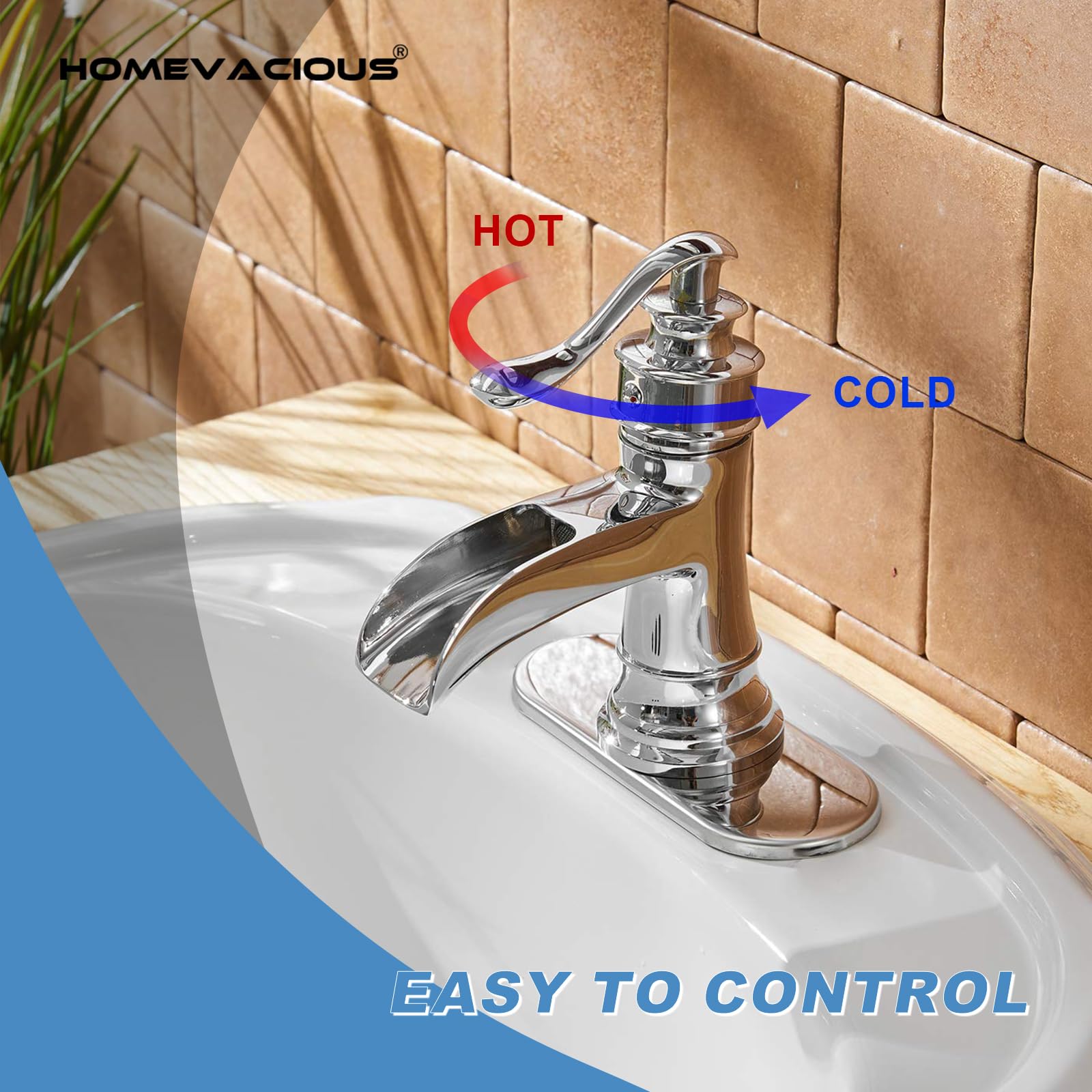 Homevacious Single Hole Waterfall Bathroom Faucet - Chrome Vanity Sink Faucet with Lever Handle, Deck Mount Basin Mixer Tap for Bathroom & Lavatory - Perfect for Modern Homes, Hotels, and Commercial Spaces
