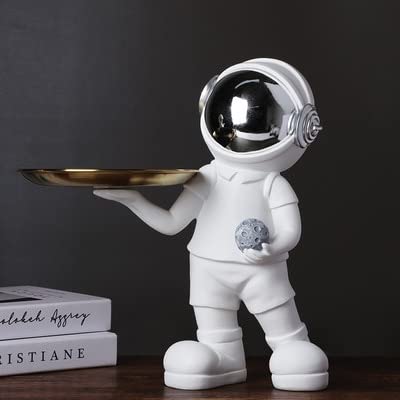 Space Astronaut Resin Figurine - Silver Desk Statue with Key Storage Tray (22x11x30.5cm) | Home & Office Decor, Cosmetics Organizer | Perfect for Sci-Fi Lovers, Entryway Decor, Gift for Space Enthusiasts