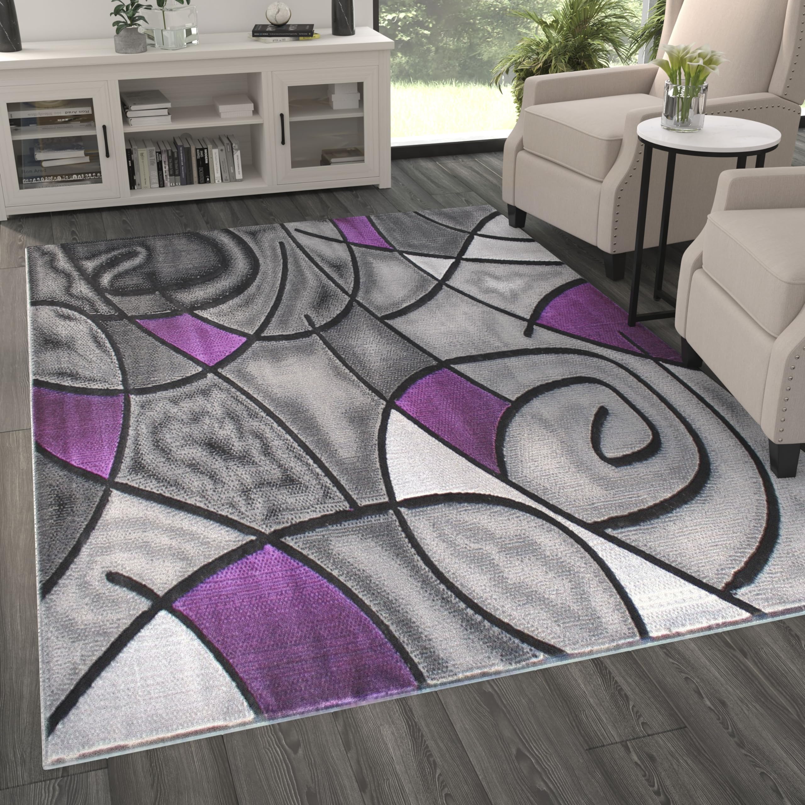 6' x 9' Purple Abstract Area Rug - Soft Olefin Rug with Non-Slip Jute Backing - Perfect for Living Room, Bedroom & Family Room Decor - Adds Modern Style to Any Space