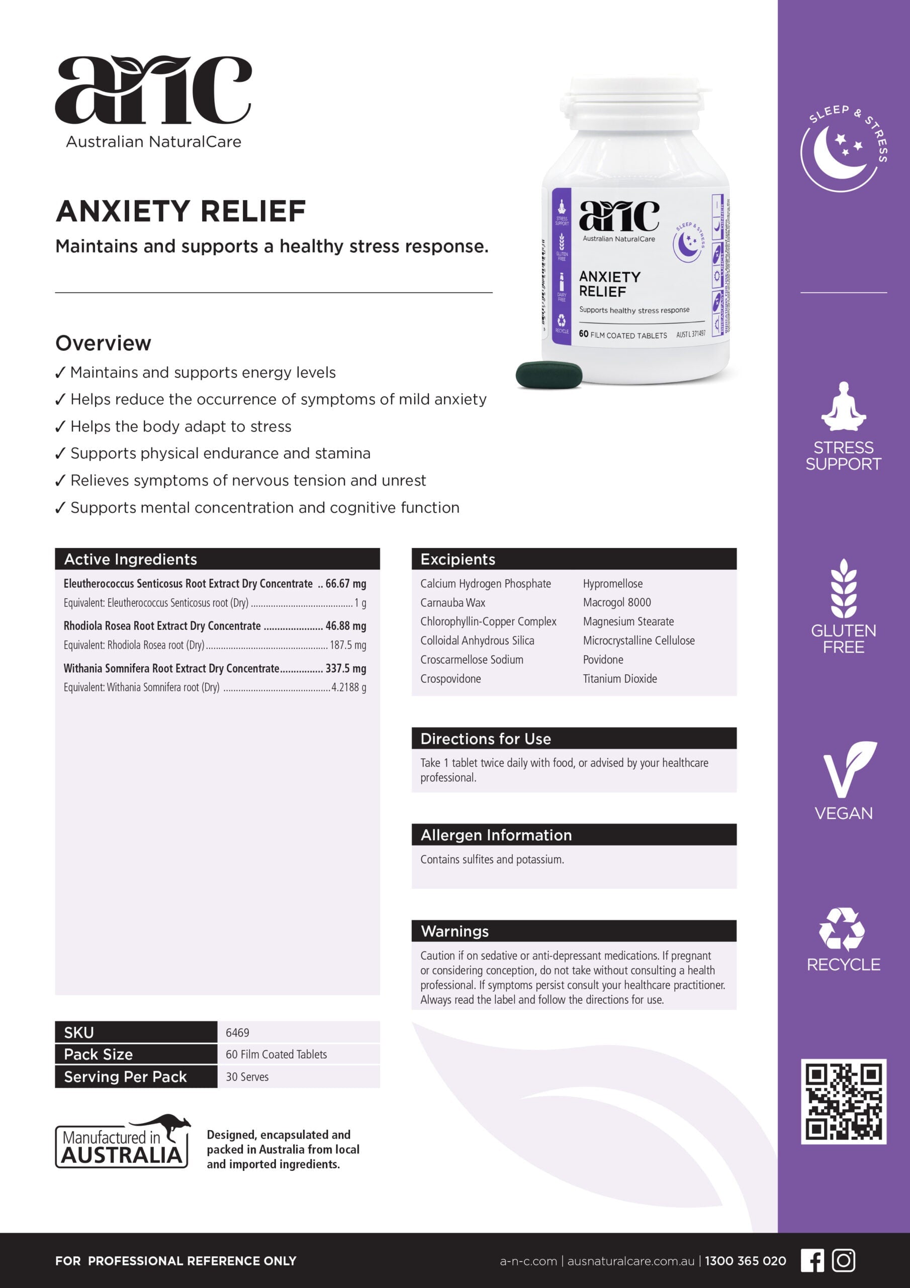 Australian Natural Care Anxiety Relief 60 Tablets - Herbal Stress & Nervous System Support Supplement for Adults - Perfect for Work Stress, Travel Anxiety & Daily Relaxation