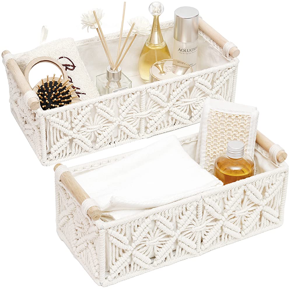 Macrame Storage Basket Set of 2 - Boho Woven Decorative Baskets for Home Organization | Perfect for Bedroom, Nursery, Living Room & Entryway | Countertop Storage, Toilet Paper Holder & Tank Top Organizer
