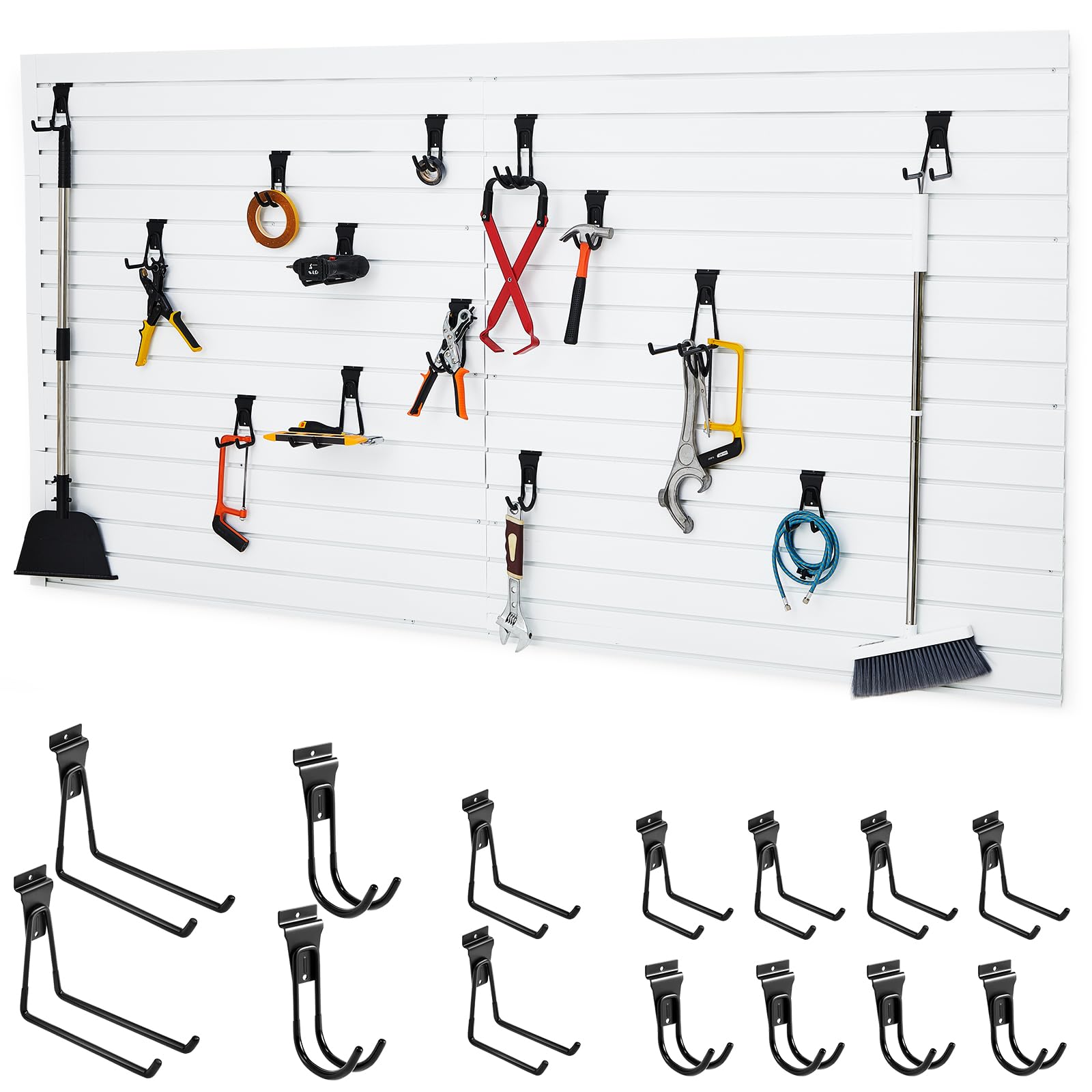 8x4 ft PVC Slat Wall Panel with 14 Slatwall Hooks - Garage Wall Organizer System for Tool Storage | Durable Peg Board Accessories | Perfect for Home Garage, Workshop & Retail Display Organization