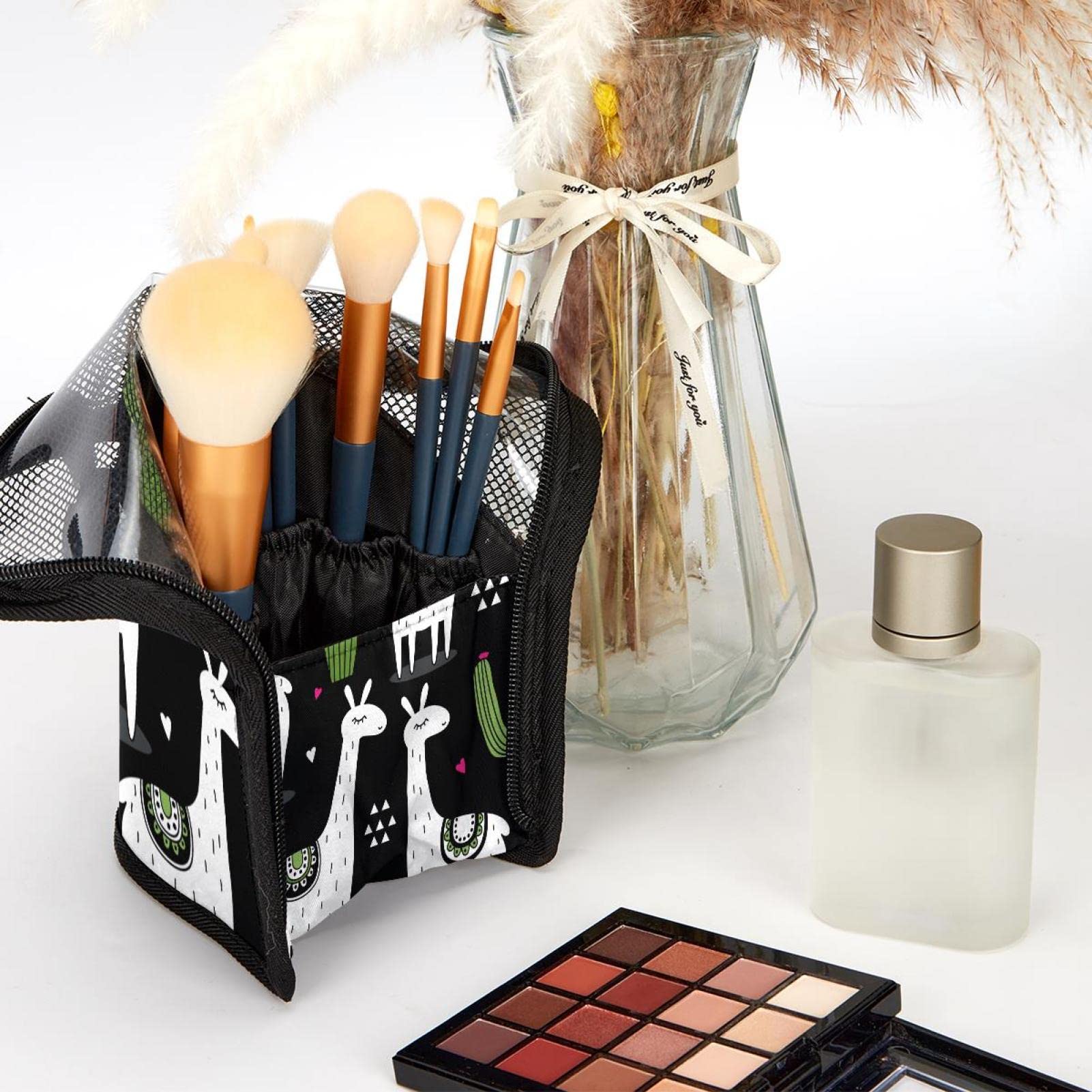 Portable Makeup Brush Organizer Bag with 12 Slots - Cute Llama & Alpaca Design - Travel-Friendly Cosmetic Brush Holder Case for Home & On-The-Go Makeup Organization