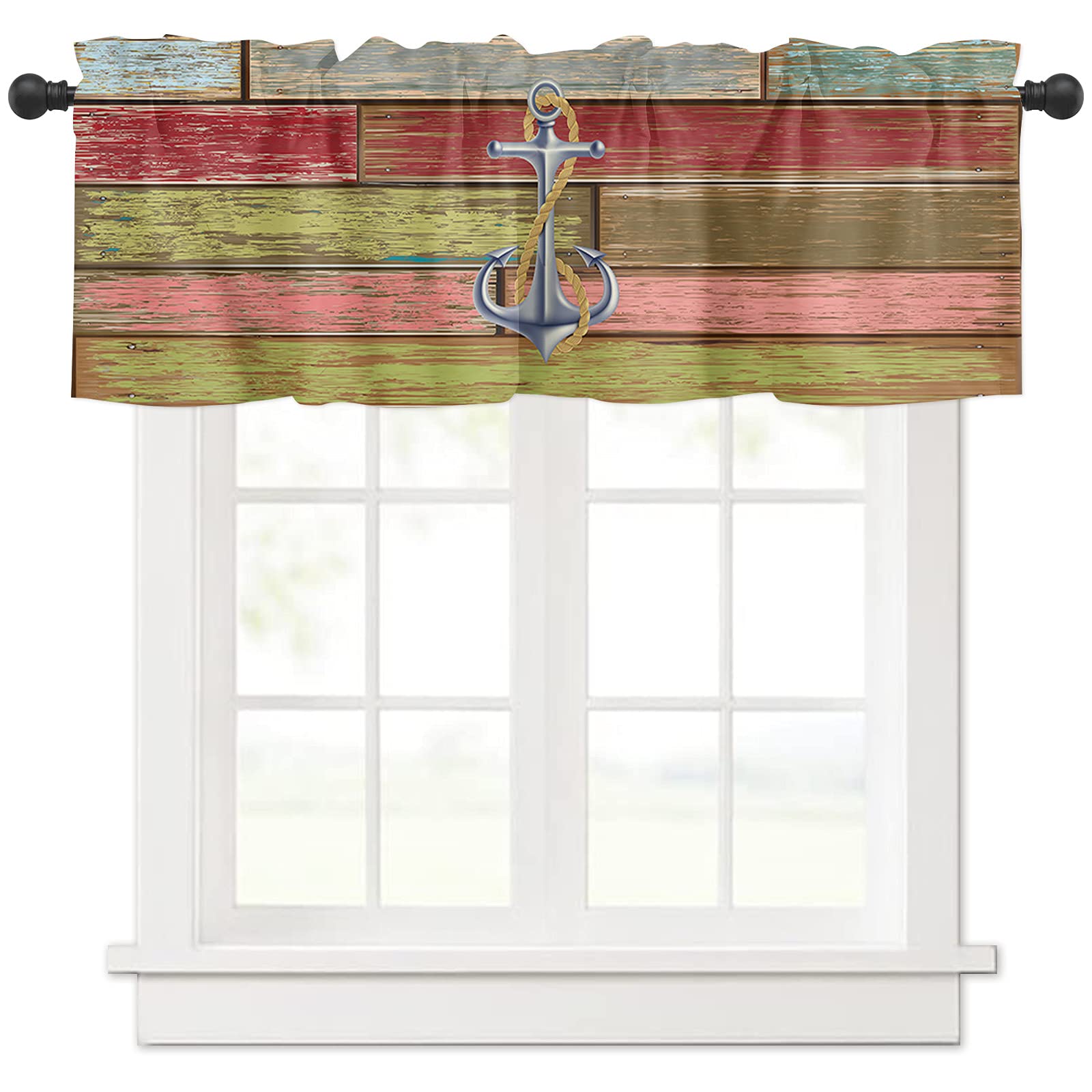 Nautical Anchor Window Valance - Rod Pocket Panel for Kitchen, Bedroom & Bathroom - Farmhouse Style Drapes