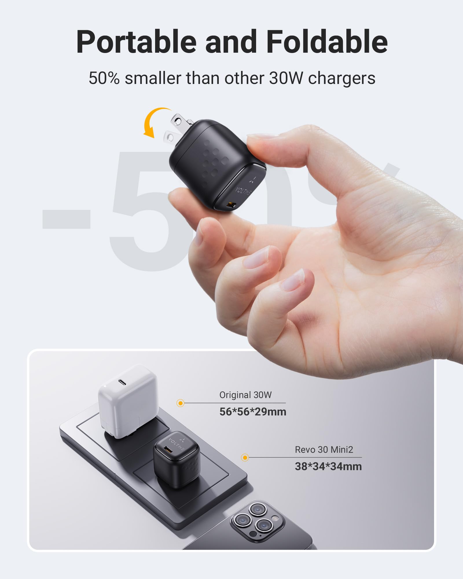 VOLTME 30W GaN III Fast Charger with 3.3FT USB C Cable - Compact Foldable USB C Wall Charger Block for iPhone 16/15/14/13 Pro Max, Samsung Galaxy S23/S22, iPad Pro/Mini, Pixel 8/7 - Perfect for Travel, Office & Home Charging (Black)