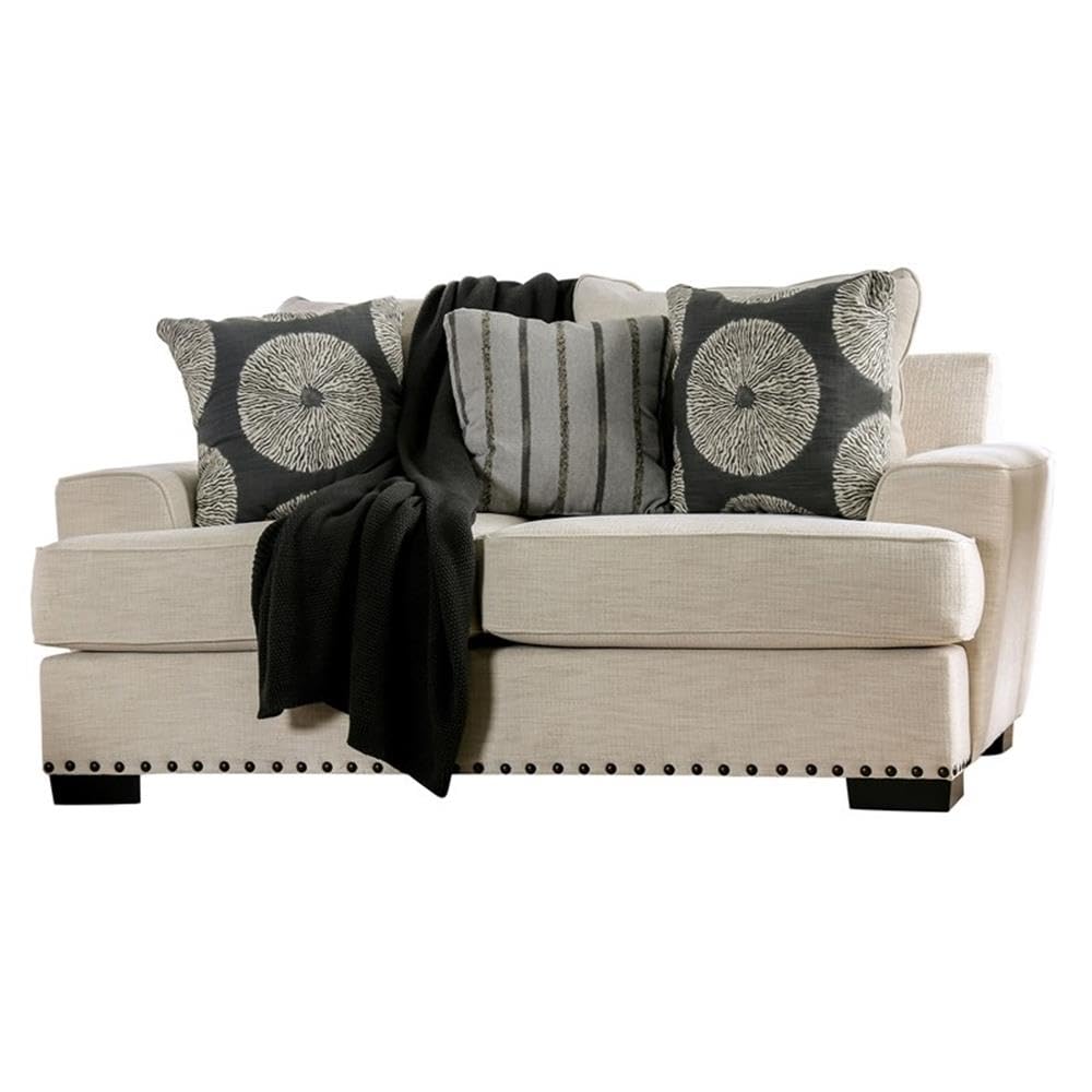 Furniture of America Mystie Chenille Loveseat with Nailhead Trim in Ivory - Comfortable Small Sofa for Living Room, Apartment & Cozy Spaces