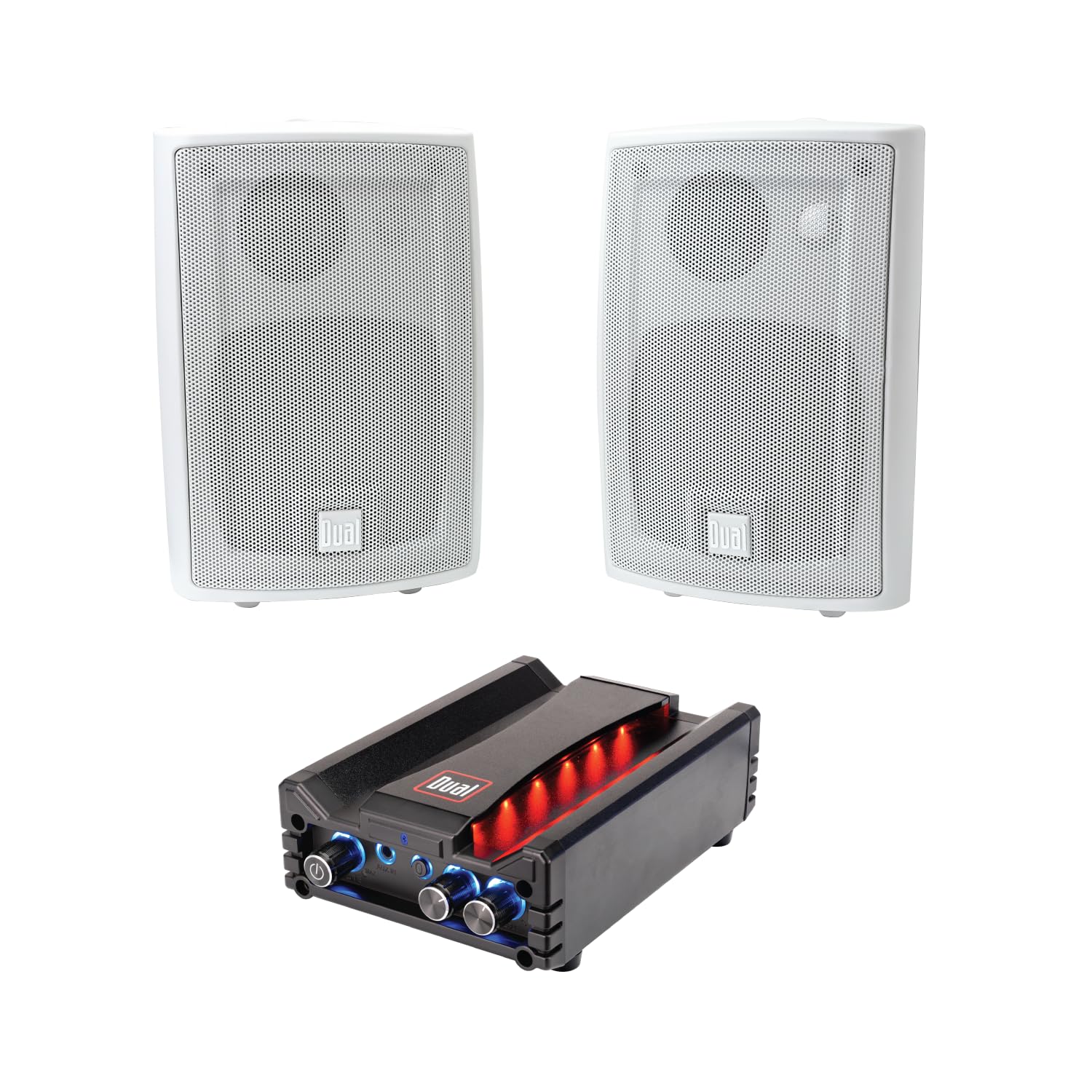 Dual Electronics LU43PW 4-Inch 3-Way High Performance Indoor/Outdoor Speakers with DBTMA100 Wireless Bluetooth Stereo Amplifier Bundle - Perfect for Patio, Backyard, and Home Theater Sound System