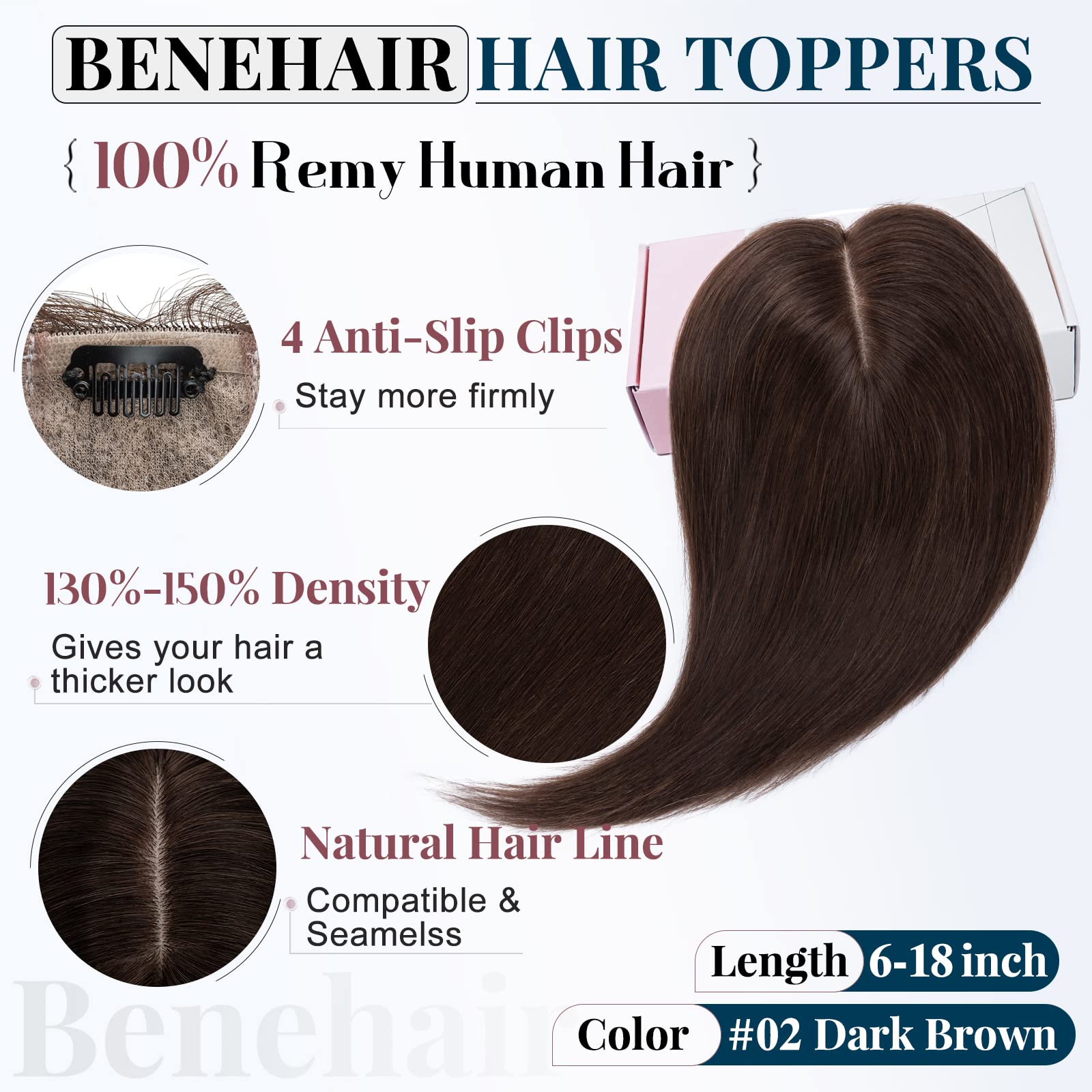 Benehair Clip-in Human Hair Toppers for Women with Silk Base - 1 Piece Remy Human Hair Topper for Thinning Hair - Realistic Hair Extensions Replacement #02 Dark Brown 6 Inch 27g - Perfect for Daily Wear, Special Occasions & Hair Volume Enhancement