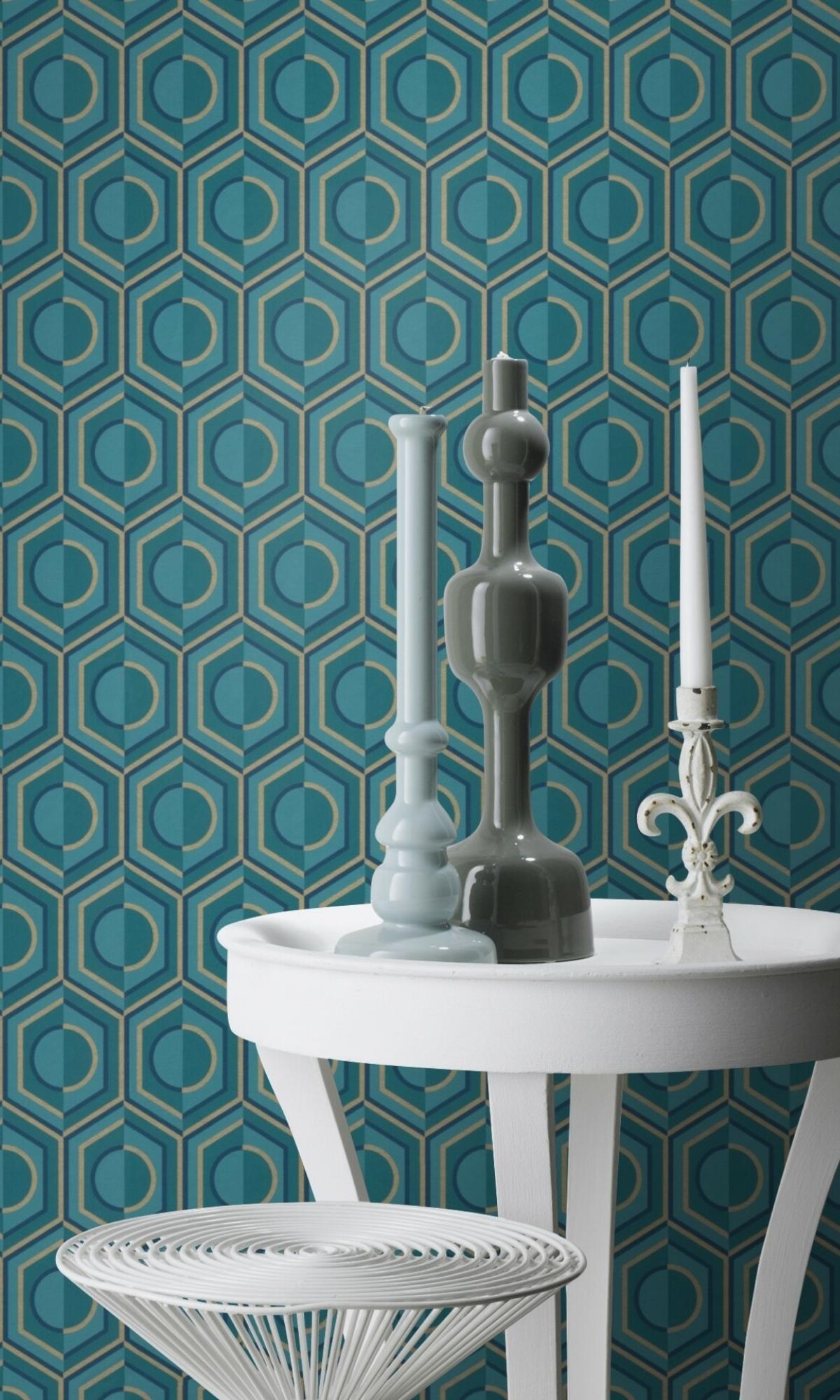 3D Retro Geometric Wallpaper - Blue & Gold Peel and Stick Design (R7890) for Living Room, Bedroom, or Office Decor