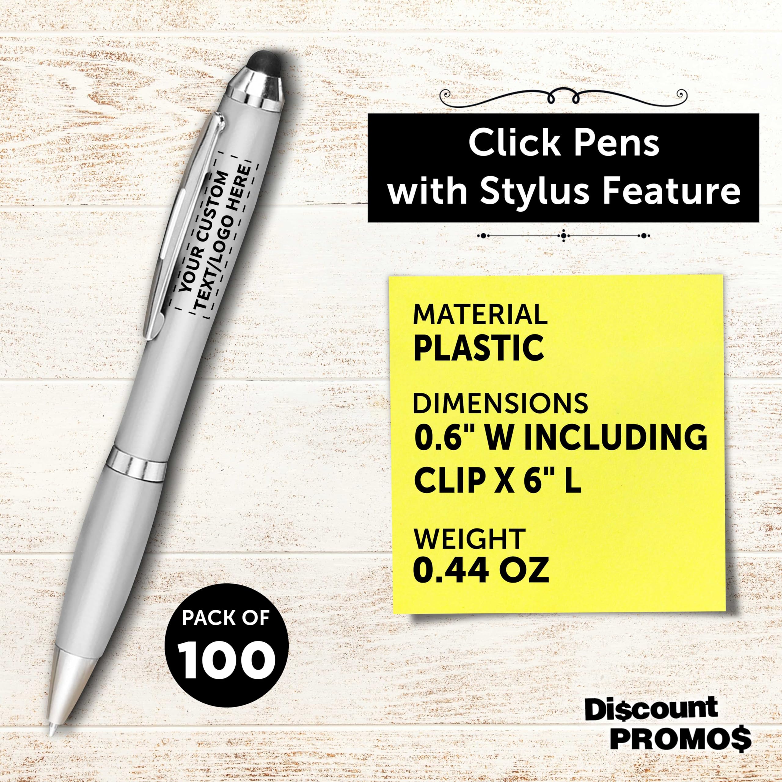 Custom Plastic Stylus Pens - Bulk Pack of 100 with Black Ink | Personalized Promotional Pens for Office, School & Business | Ideal for Tradeshows, Events & Giveaways | Silver Barrel Design