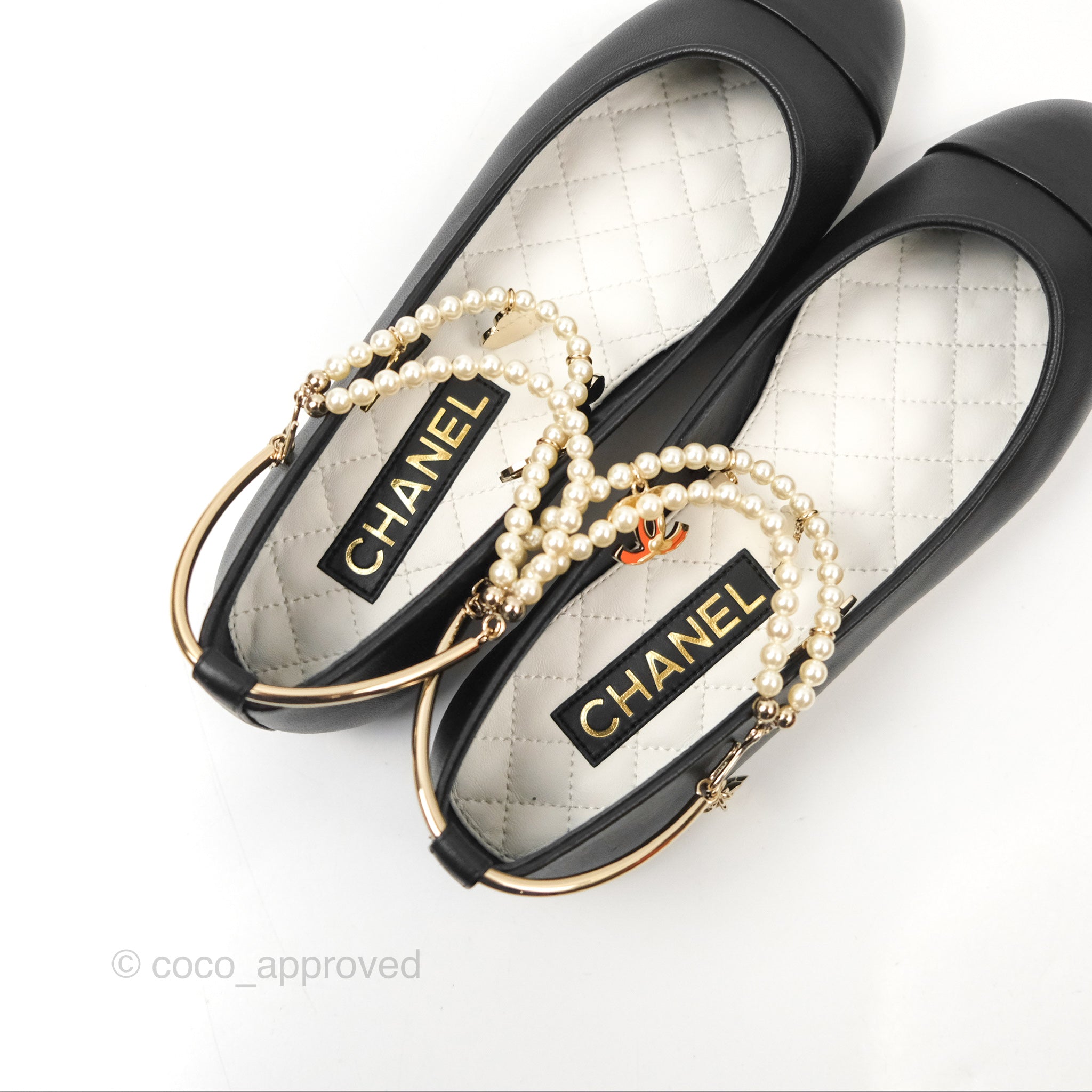 Chanel Black Lambskin Double Pearl Pendant Flat Ballerinas Size 37 - Elegant Women's Flats for Parties, Weddings & Casual Wear