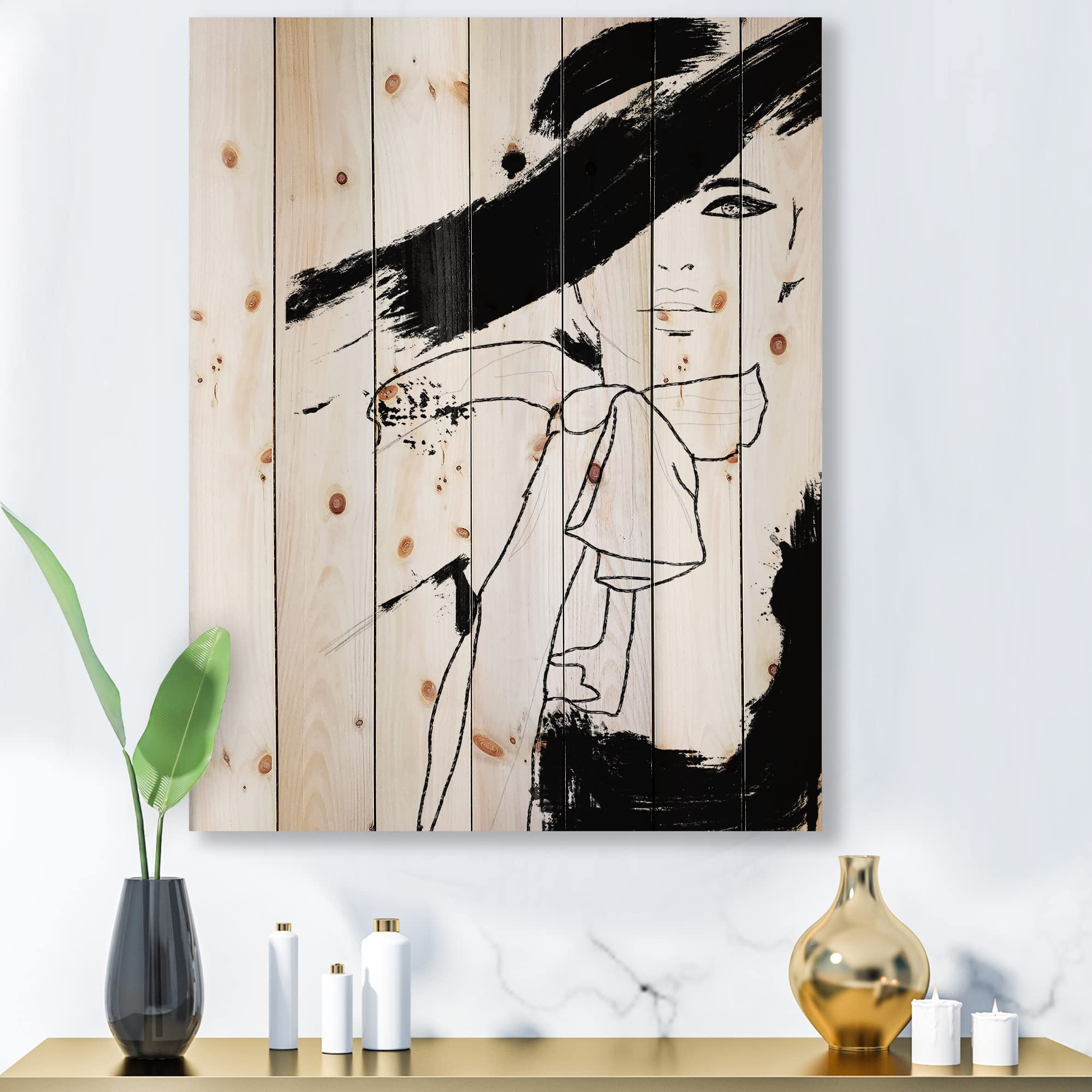 DesignQ Elegant Haute Couture Fashion Woman Modern Wood Wall Art - Large Abstract Black Wood Panel Decor Printed on Natural Pine - Perfect for Living Room, Bedroom & Office Decor