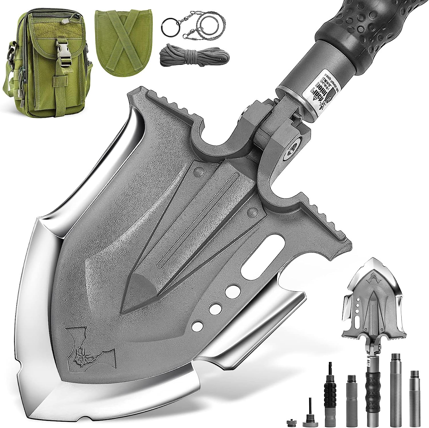 28-in-1 Military Tactical Shovel Survival Kit - Adjustable Folding Spade with Martensitic Steel, 7-Angle Position (24.5