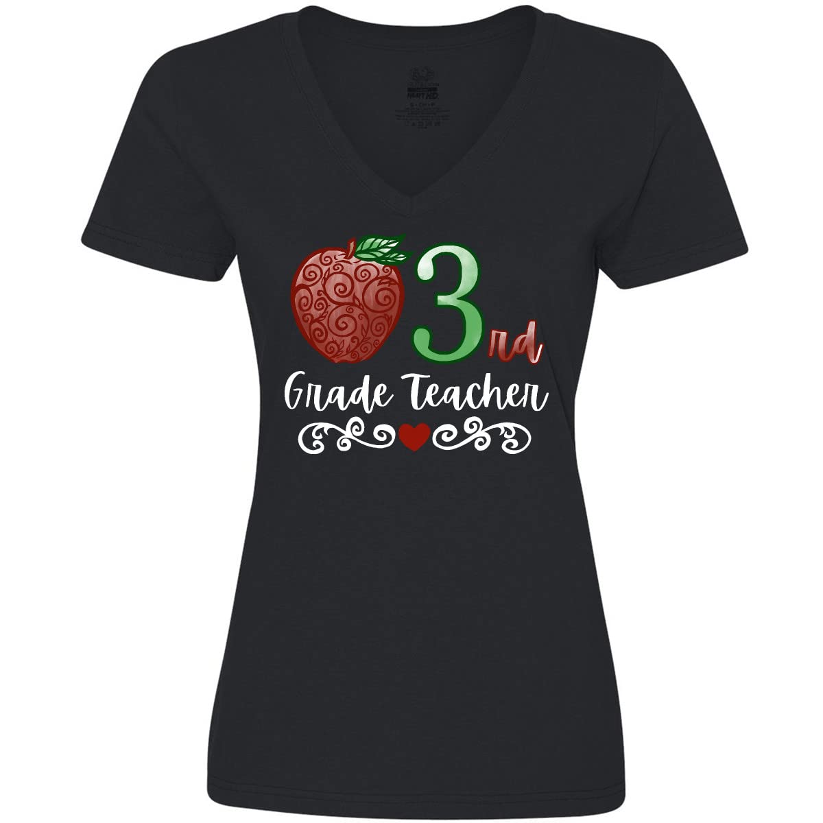3rd Grade Teacher T-Shirt with Red Apple Design - Women's V-Neck Casual Tee for School, Teacher Appreciation & Classroom Outfits