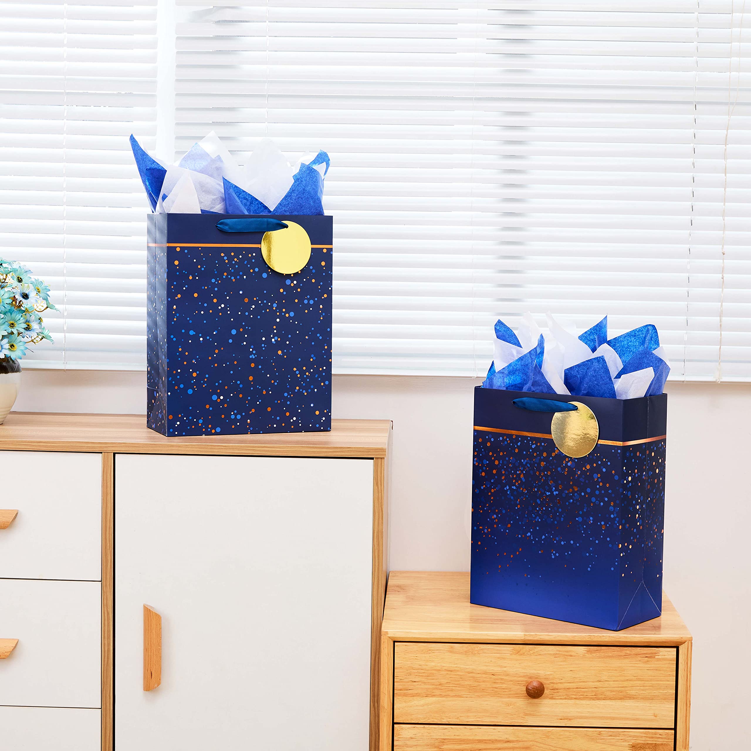 SUNCOLOR 2 Pack 13 Inch Large Christmas Gift Bags with Tissue Paper - Holiday Party Favor Bags for Birthday, Wedding, Baby Shower & Special Occasions
