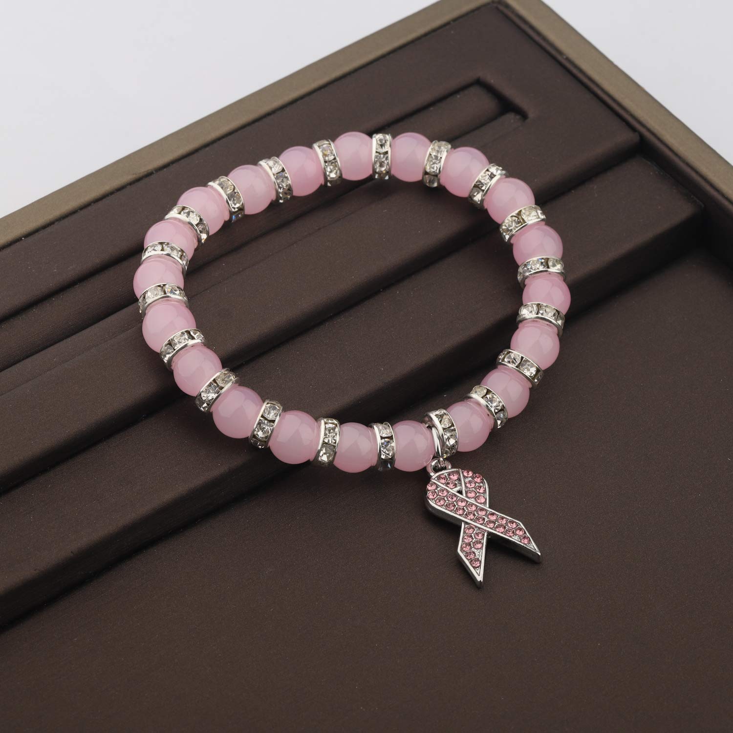 Pink Rhinestone Ribbon Charm Bead Bracelet for Breast Cancer Awareness - Inspirational Support Gift for Survivors, Fighters & Loved Ones - Perfect for Fundraisers, Awareness Events & Daily Wear