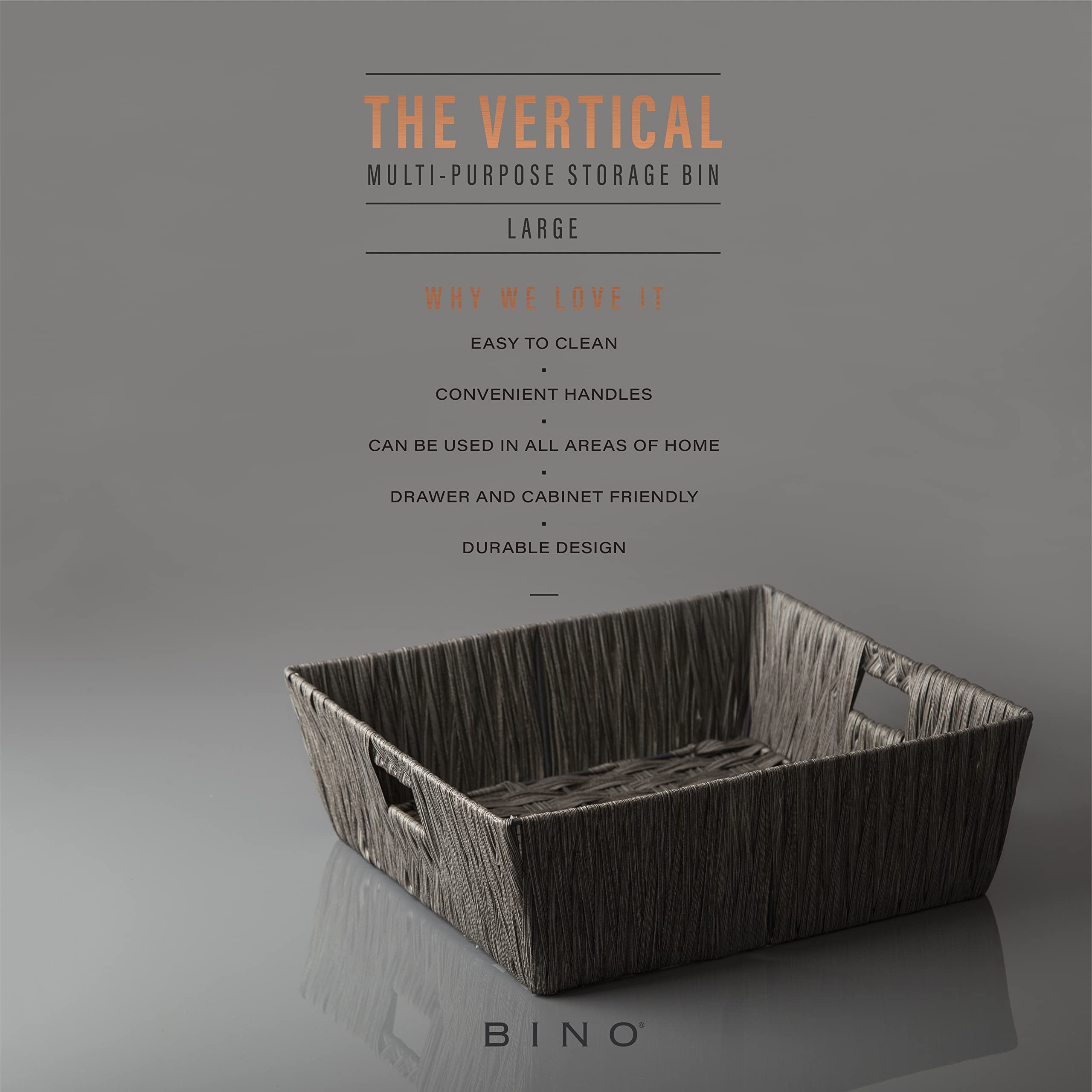 BINO 2 Pack Woven Resin Basket Organizer - Large Storage Bins with Built-in Handles for Shelves, Closet, Bathroom & Home Organization - Dark Grey