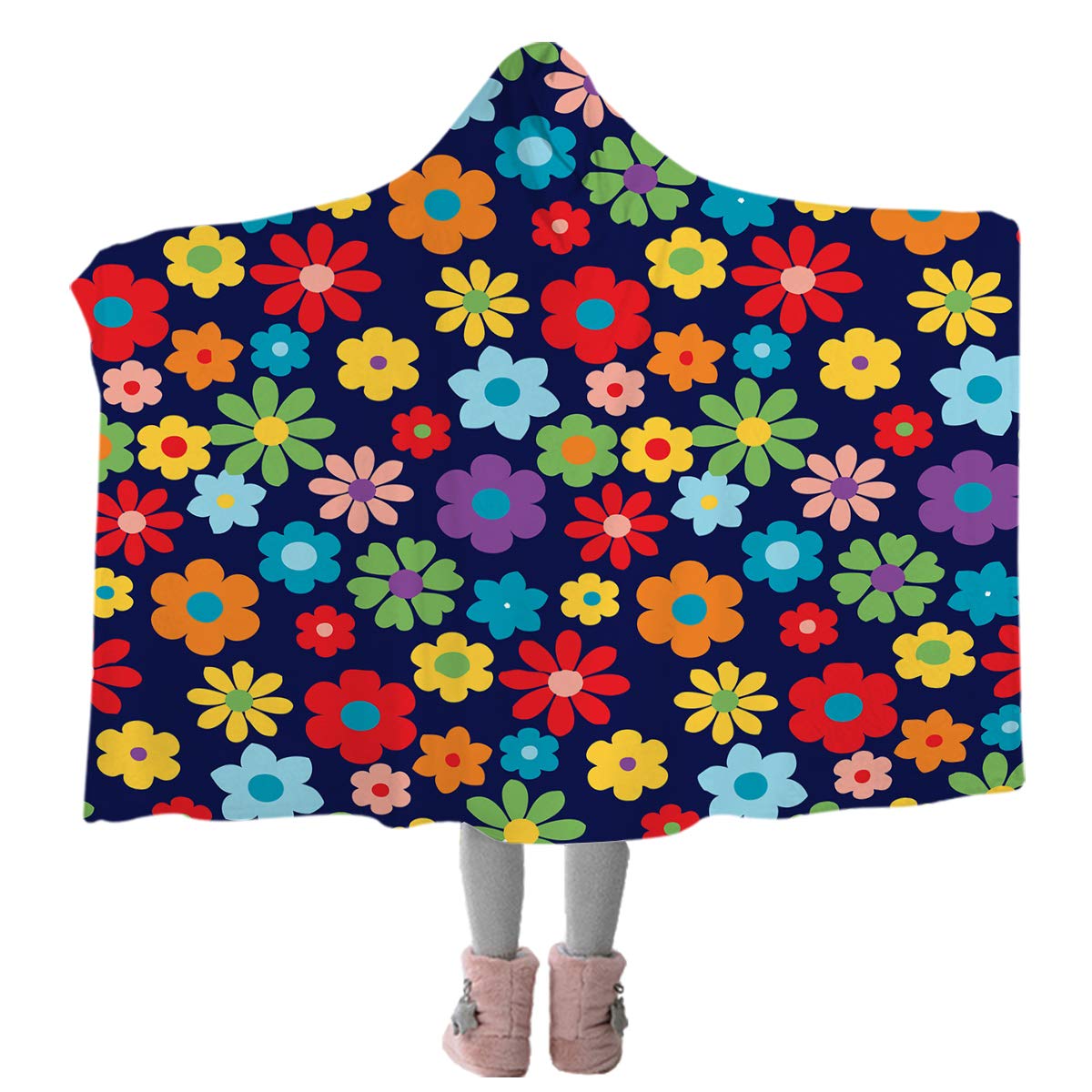 BlessLiving Colorful Retro Flowers Print Hooded Blanket - 70s Hippie Style Soft Fleece Throw (80