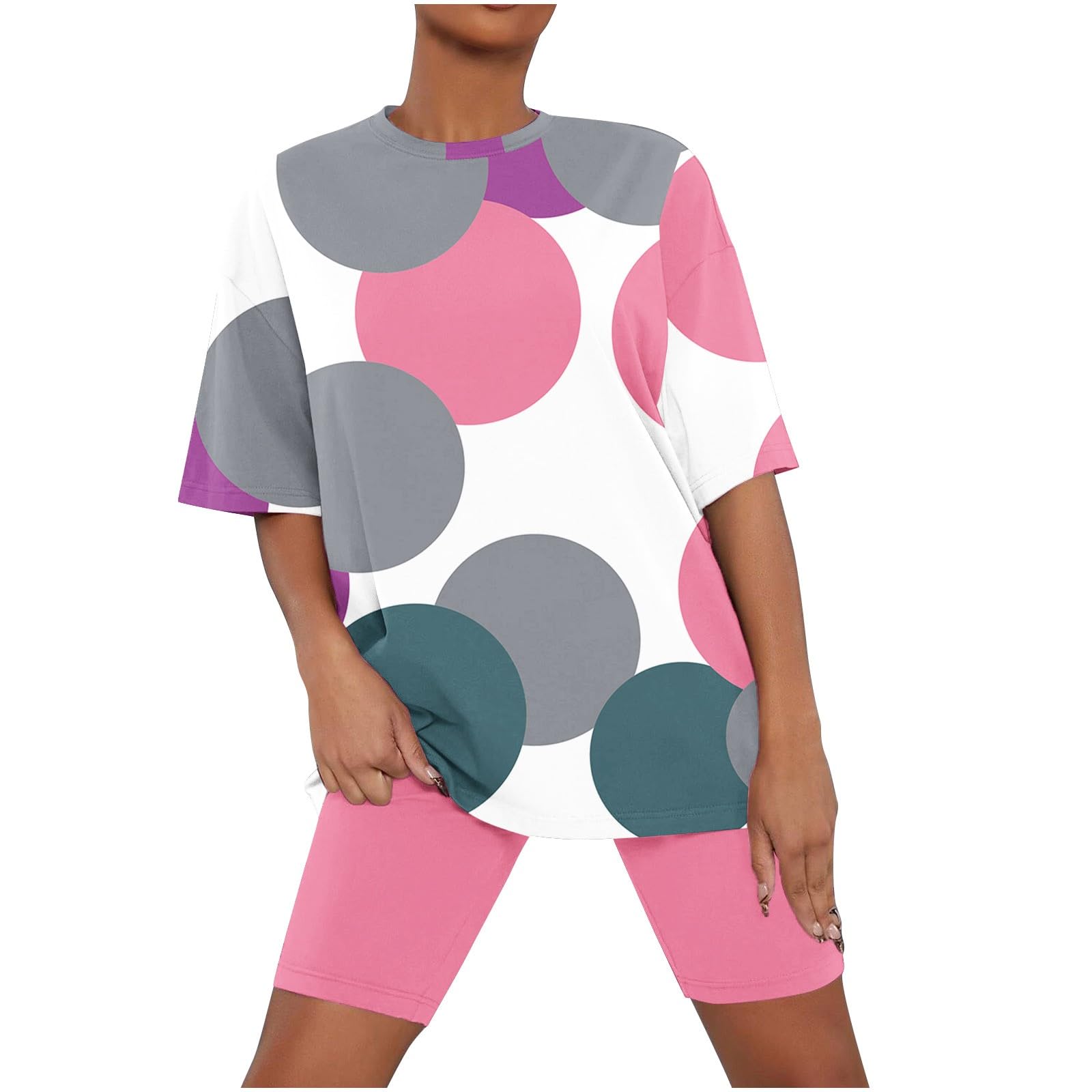 2 Piece Summer Outfits for Women - Oversized Tops & Biker Shorts Sweatsuit Set, Casual Lounge Wear Matching Outfit for Yoga, Running, Gym & Home Relaxation